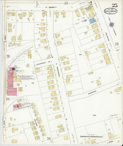 Sanborn Fire Insurance Map from Rocky Mount, Edgecombe And Nash Counties, North Carolina (1912), Sheet #0025 - Historic Sanborn Fire Insurance Map Print, vintage old map wall art, antique decor, genealogy gift, North Carolina North Carolina map