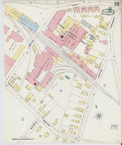 Sanborn Fire Insurance Map from Taunton, Bristol County, Massachusetts (1893), Sheet #0013 - Historic Sanborn Fire Insurance Map Print, vintage old map wall art, antique decor, genealogy gift, Massachusetts Massachusetts map
