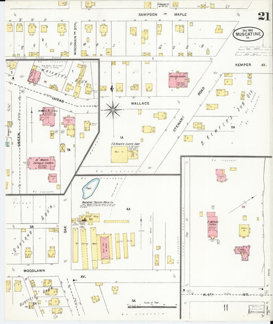Sanborn Fire Insurance Map from Muscatine, Muscatine County, Iowa (1905), Sheet #0021 - Historic Sanborn Fire Insurance Map Print, vintage old map wall art