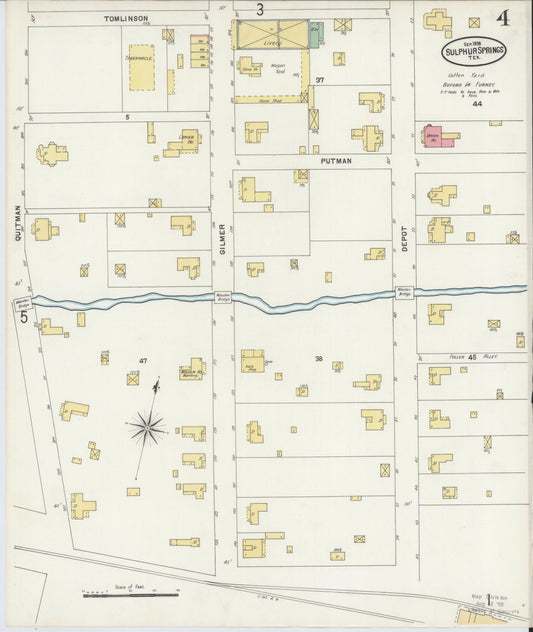 Sanborn Fire Insurance Map from Sulphur Springs, Hopkins County, Texas (1898), Sheet #0004 - Historic Sanborn Fire Insurance Map Print, vintage old map wall art, antique decor, genealogy gift, Texas Texas map