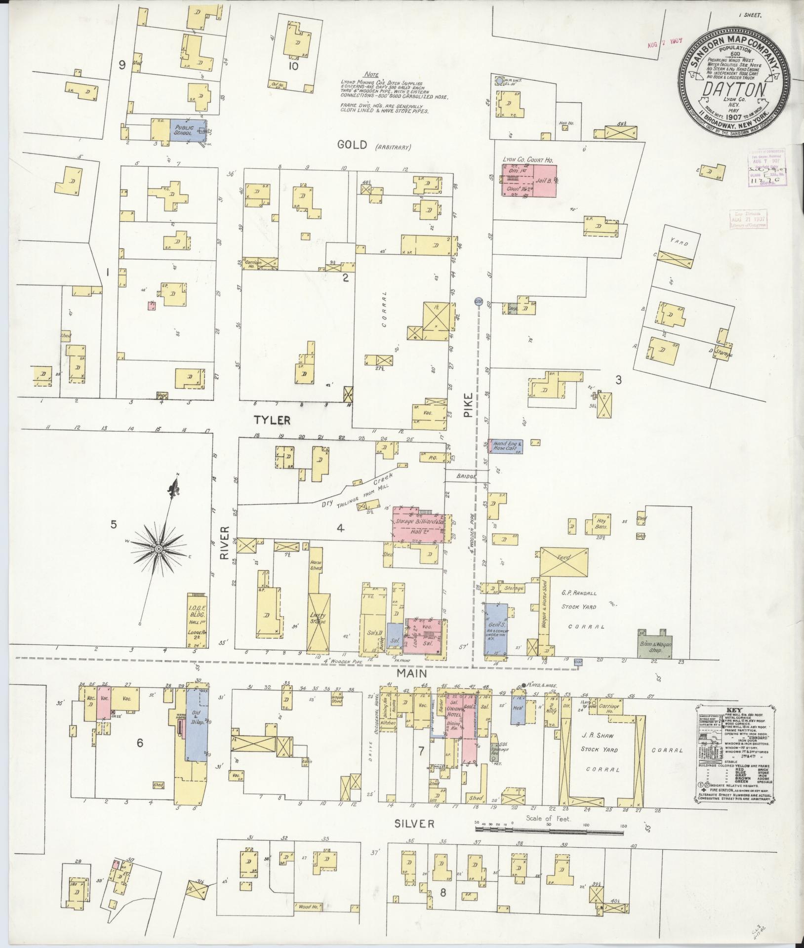 Sanborn Fire Insurance Map from Dayton, Lyon County, Nevada (1907), Sheet #0001 - Historic Sanborn Fire Insurance Map Print, vintage old map wall art, antique decor, genealogy gift, Nevada Nevada map