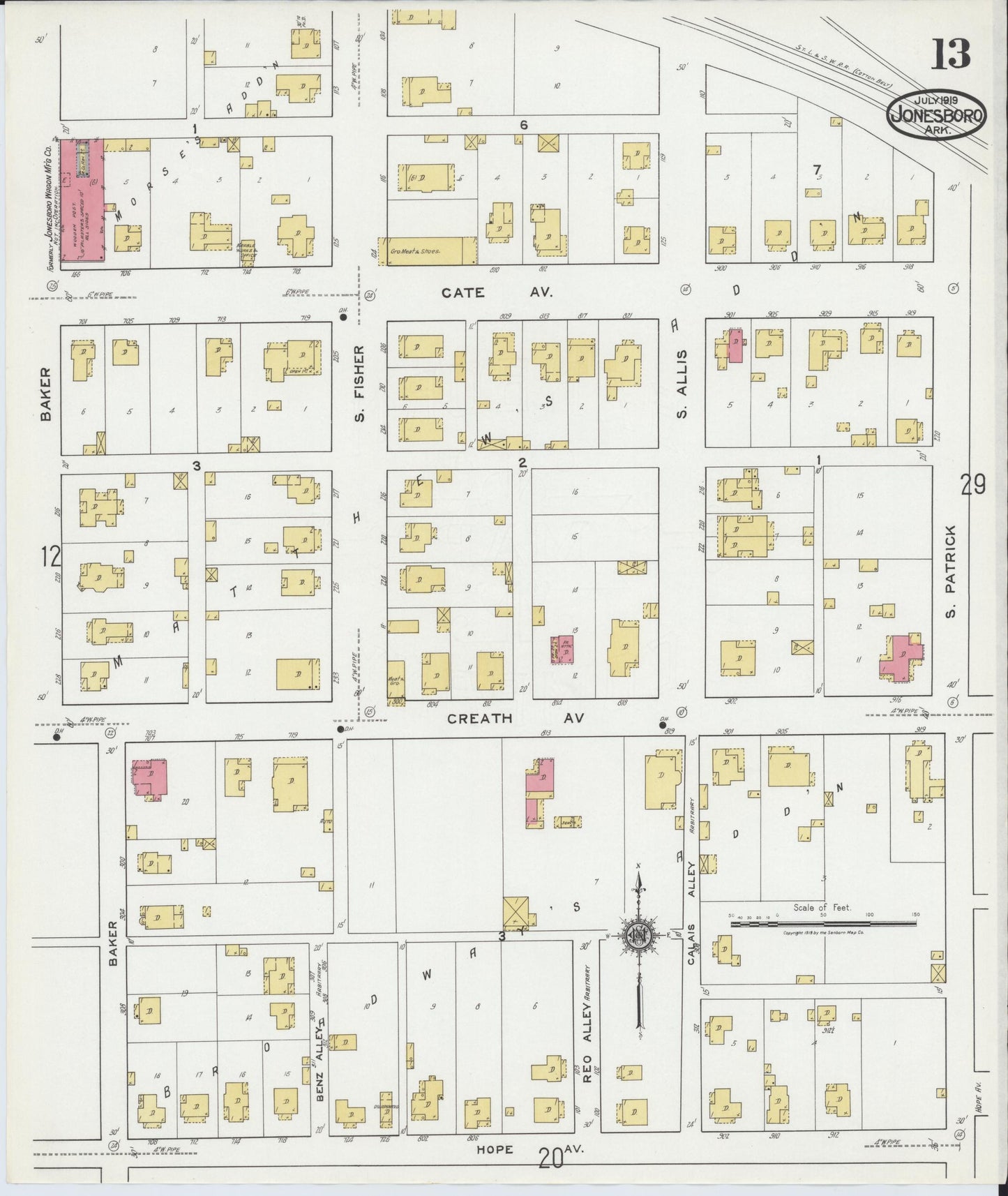 Sanborn Fire Insurance Map from Jonesboro, Craighead County, Arkansas (1919), Sheet #0013 - Complete Map Set gallery image, historic Sanborn map, vintage wall art, Arkansas Arkansas
