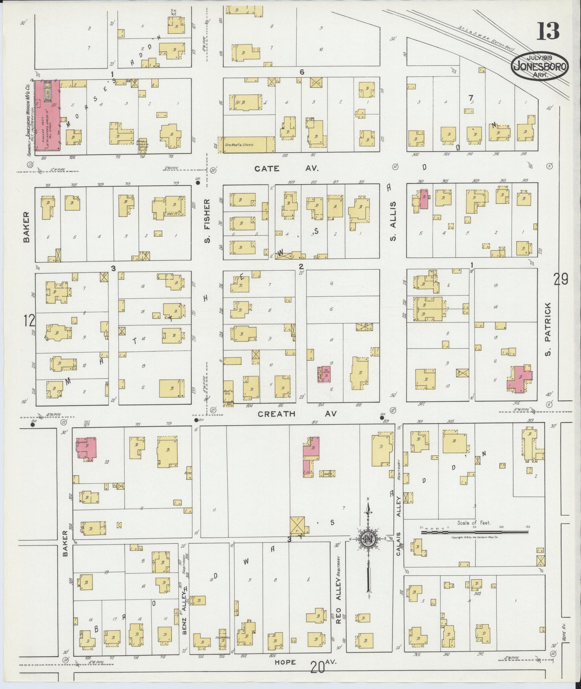 Sanborn Fire Insurance Map from Jonesboro, Craighead County, Arkansas (1919), Sheet #0013 - Complete Map Set gallery image, historic Sanborn map, vintage wall art, Arkansas Arkansas