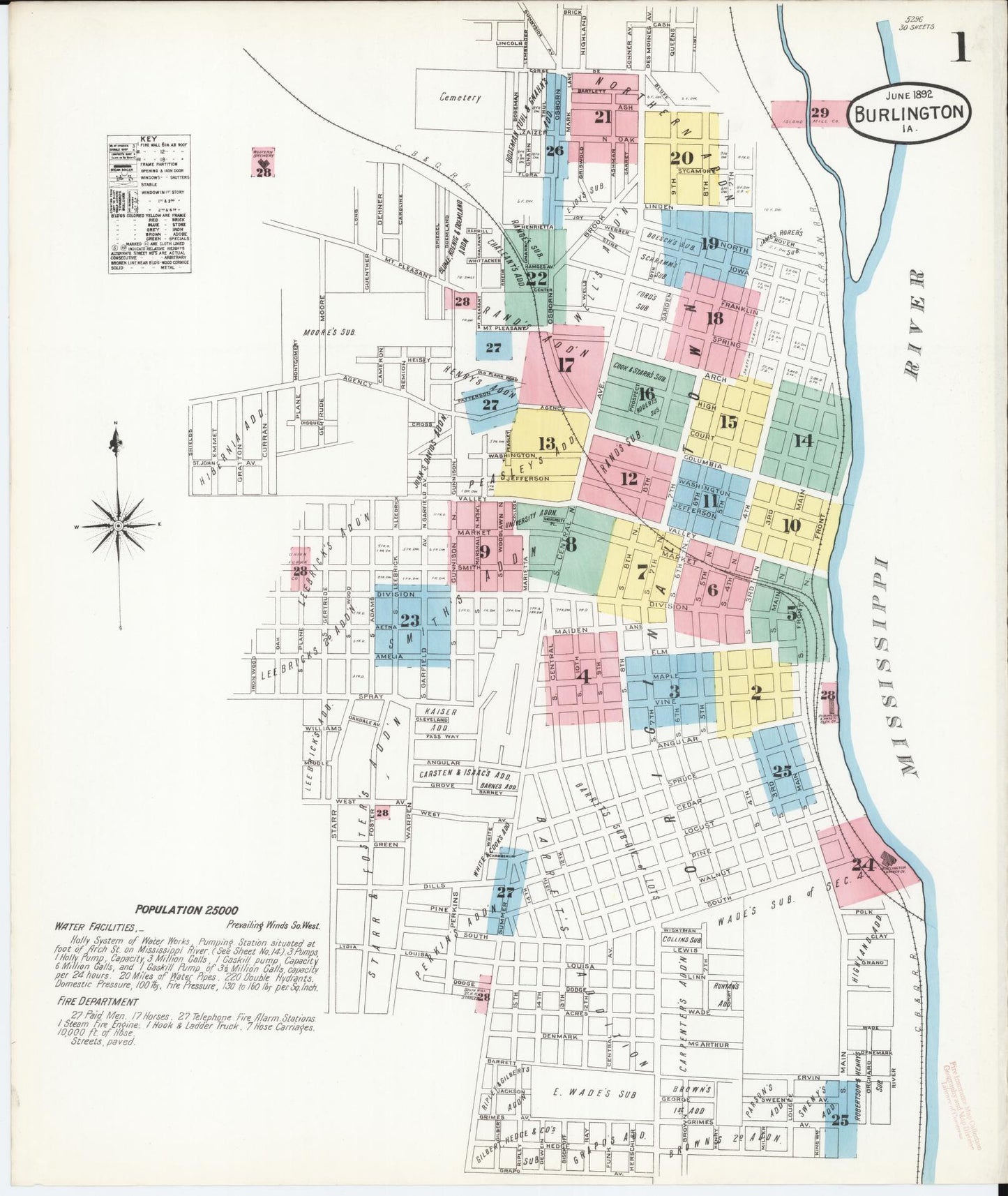 Sanborn Fire Insurance Map from Burlington, Des Moines County, Iowa (1892), Sheet #0001 - Historic Sanborn Fire Insurance Map Print, vintage old map wall art