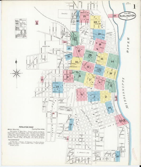 Sanborn Fire Insurance Map from Burlington, Des Moines County, Iowa (1892), Sheet #0001 - Historic Sanborn Fire Insurance Map Print, vintage old map wall art