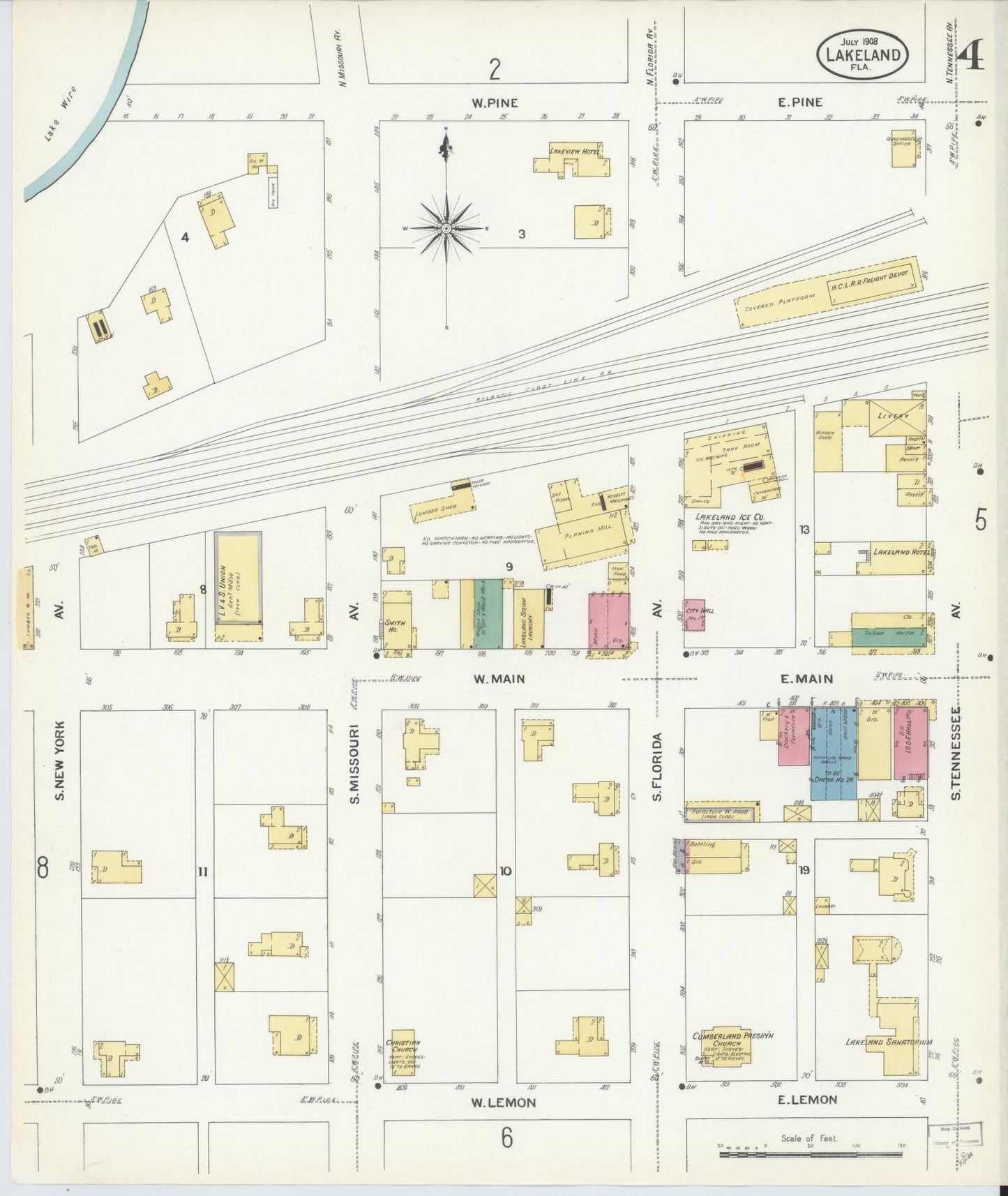 Sanborn Fire Insurance Map from Lakeland, Polk County, Florida (1908), Sheet #0004 - Historic Sanborn Fire Insurance Map Print, vintage old map wall art, antique decor, genealogy gift, Florida Florida map