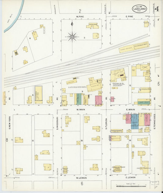 Sanborn Fire Insurance Map from Lakeland, Polk County, Florida (1908), Sheet #0004 - Historic Sanborn Fire Insurance Map Print, vintage old map wall art, antique decor, genealogy gift, Florida Florida map
