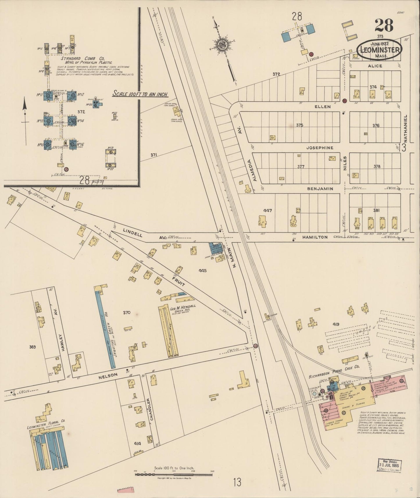 Sanborn Fire Insurance Map from Leominster, Worcester County, Massachusetts (1922), Sheet #0028 - Complete Map Set gallery image, historic Sanborn map, vintage wall art, Massachusetts Massachusetts