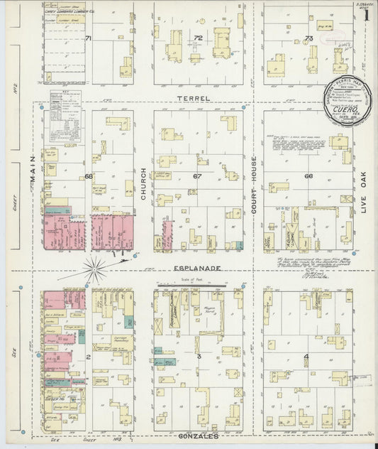 Sanborn Fire Insurance Map from Cuero, De Witt County, Texas (1891), Sheet #0001 - Complete Map Set gallery image, historic Sanborn map, vintage wall art, Texas Texas