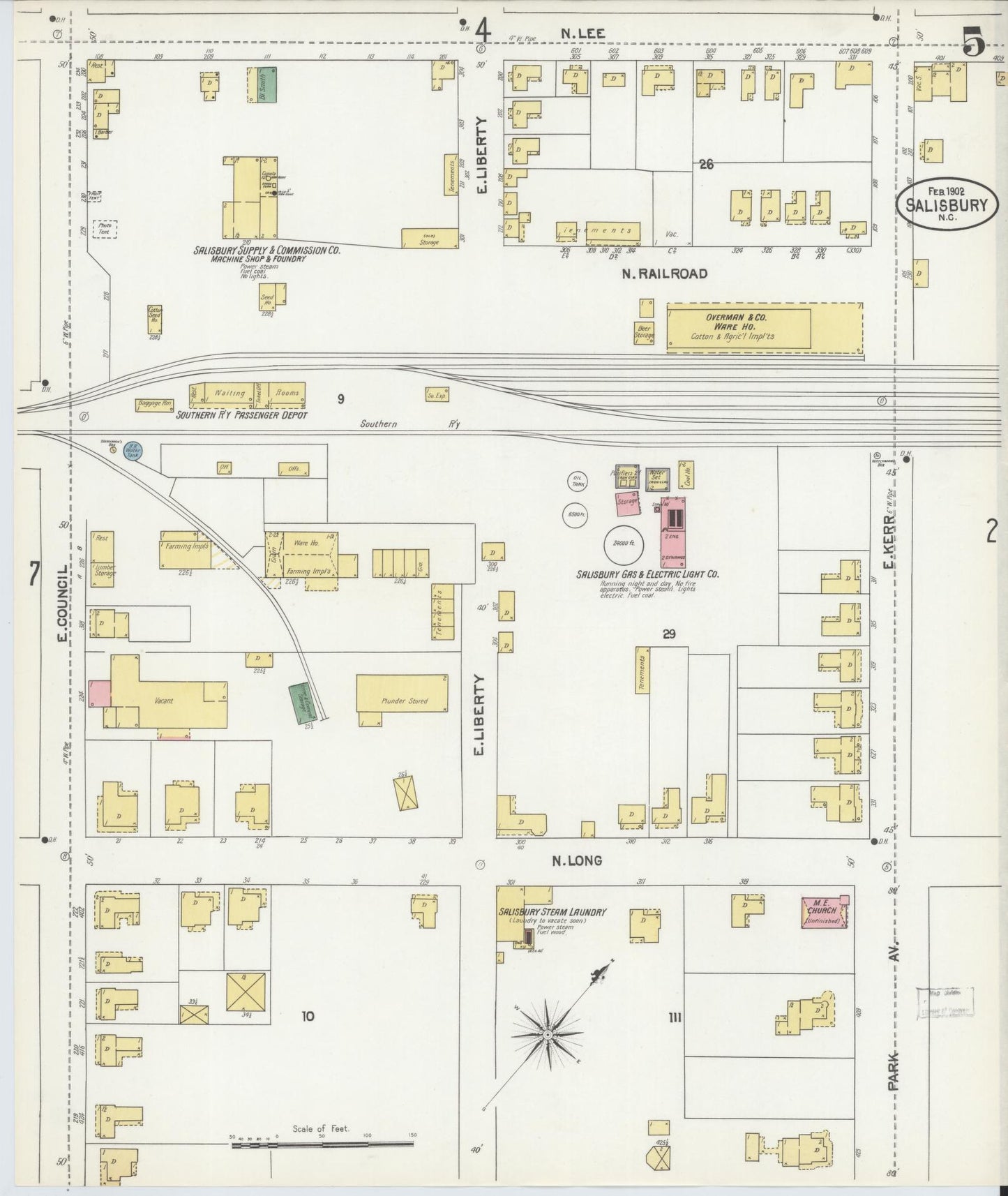 Sanborn Fire Insurance Map from Salisbury, Rowan County, North Carolina (1902), Sheet #0005 - Complete Map Set gallery image, historic Sanborn map, vintage wall art, North Carolina North Carolina