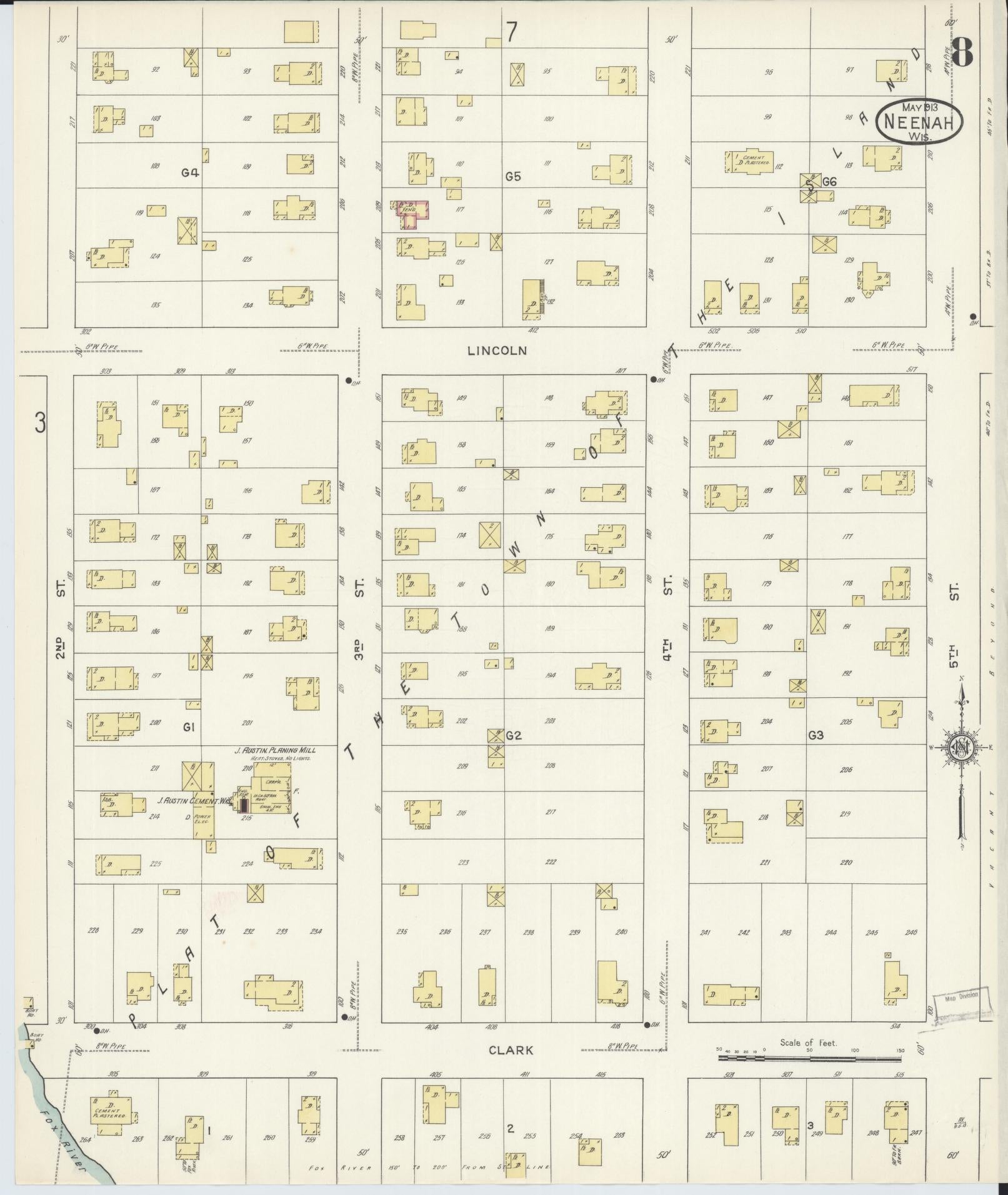 Sanborn Fire Insurance Map from Neenah, Winnebago County, Wisconsin (1913), Sheet #0008 - Complete Map Set gallery image, historic Sanborn map, vintage wall art, Wisconsin Wisconsin