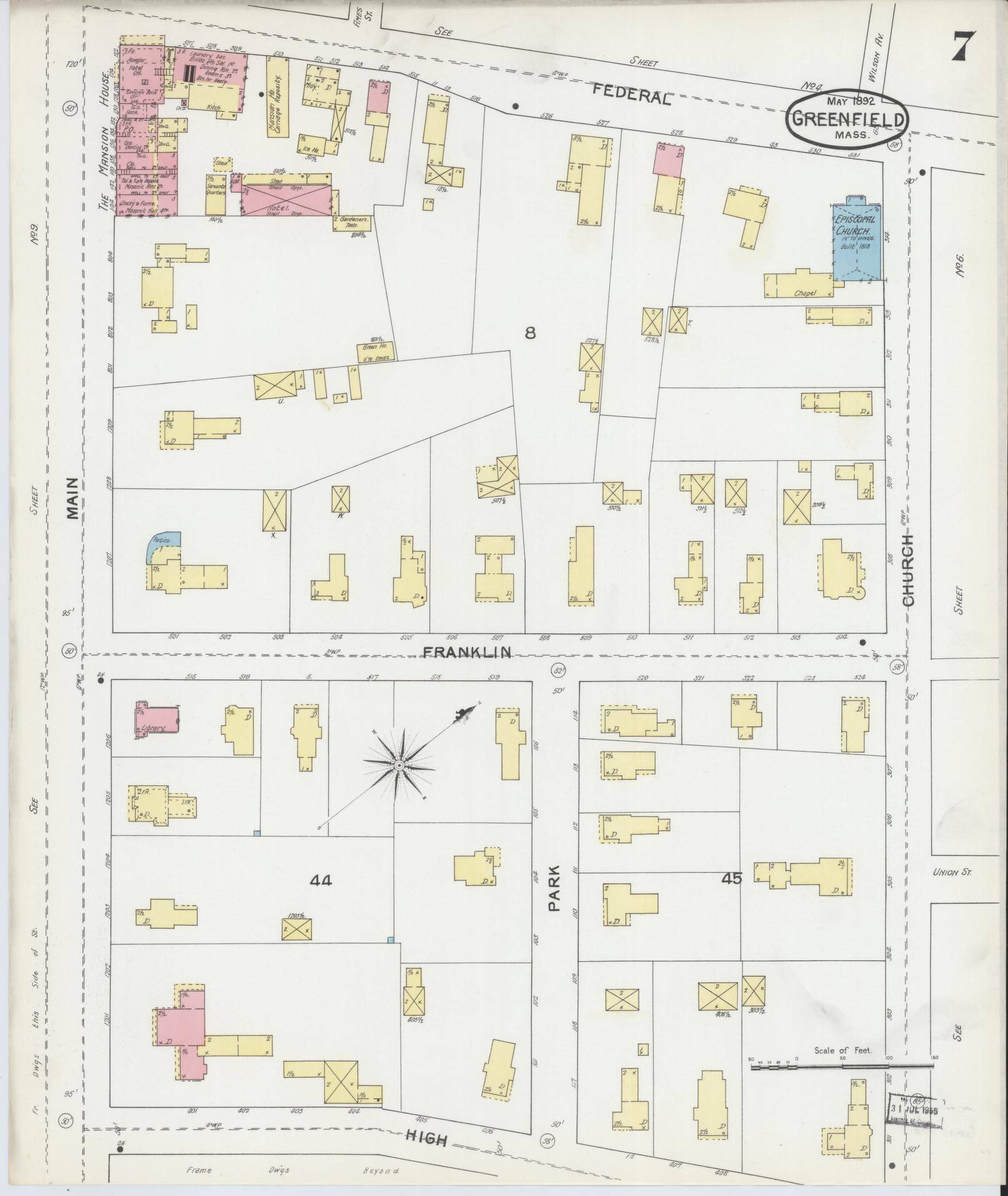 Sanborn Fire Insurance Map from Greenfield, Franklin County, Massachusetts (1892), Sheet #0007 - Complete Map Set gallery image, historic Sanborn map, vintage wall art, Massachusetts Massachusetts