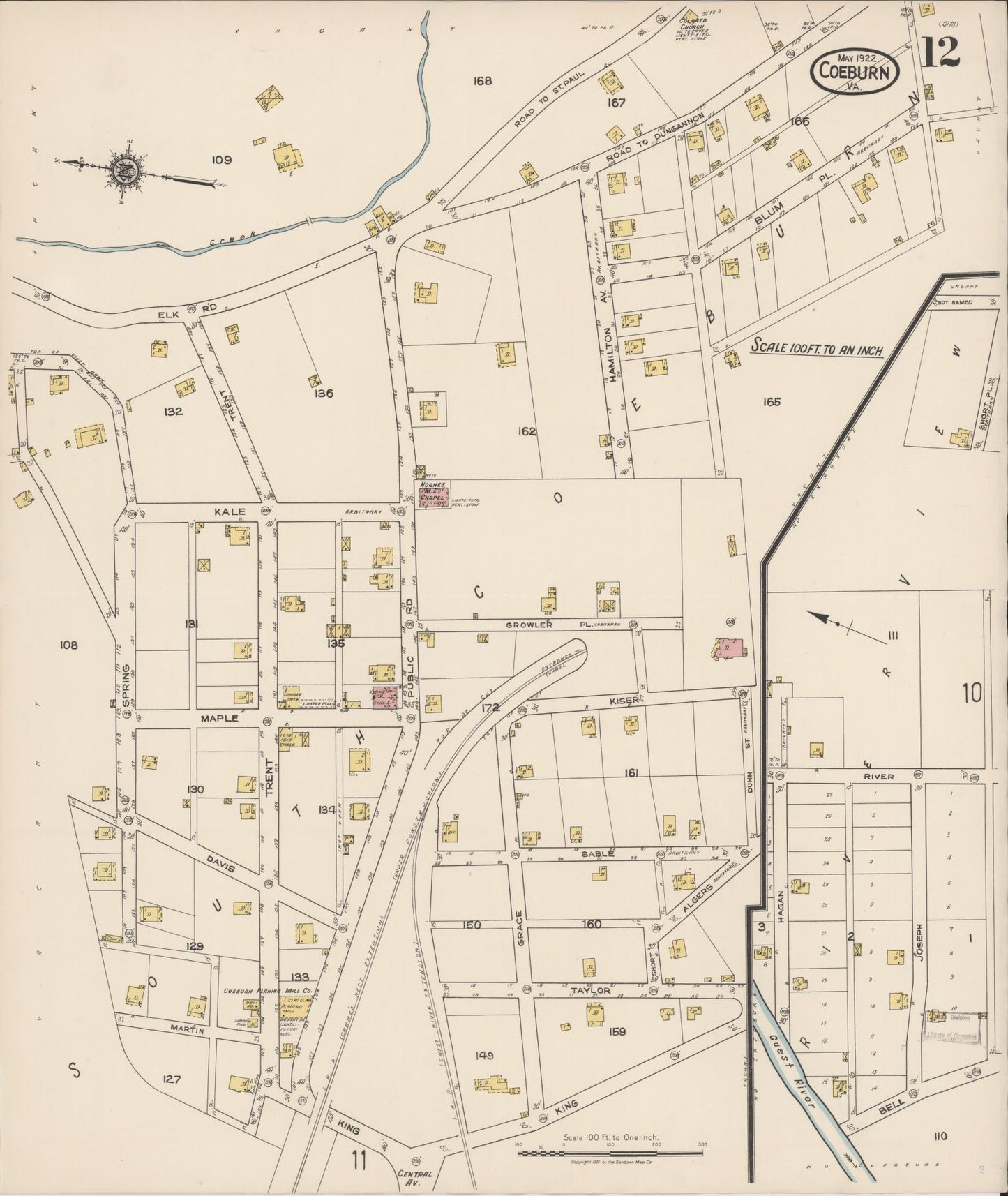 Sanborn Fire Insurance Map from Coeburn, Wise County, Virginia (1922), Sheet #0012 - Complete Map Set gallery image, historic Sanborn map, vintage wall art, Virginia Virginia