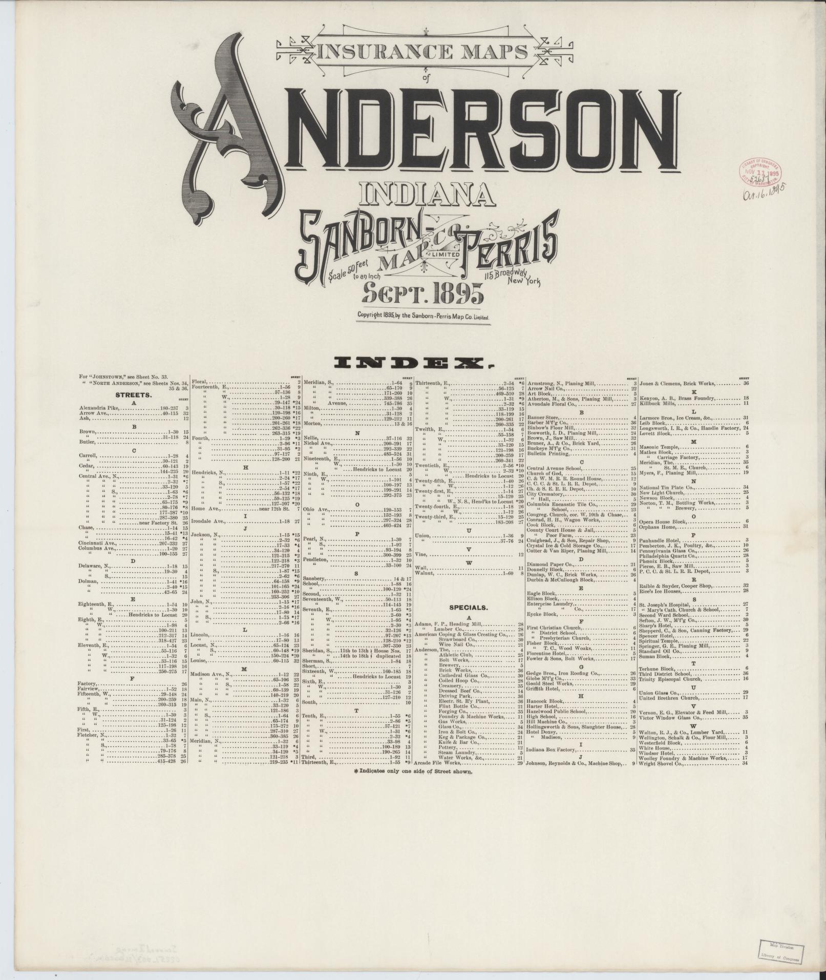 Sanborn Fire Insurance Map from Anderson, Madison County, Indiana (1895), Sheet #0001 - Historic Sanborn Fire Insurance Map Print, vintage old map wall art, antique decor, genealogy gift, Indiana Indiana map