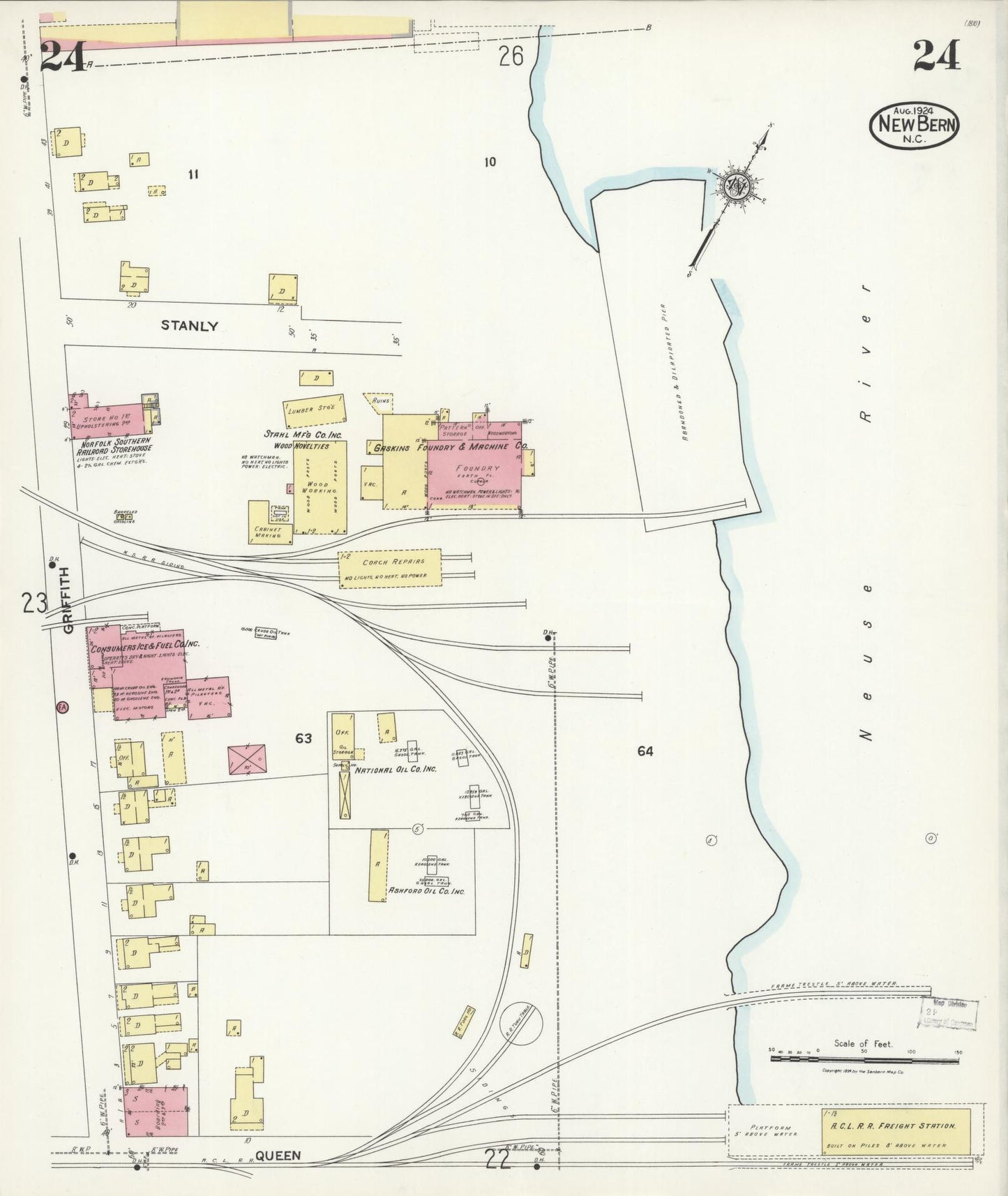 Sanborn Fire Insurance Map from New Bern, Craven County, North Carolina (1924), Sheet #0024 - Complete Map Set gallery image, historic Sanborn map, vintage wall art, North Carolina North Carolina