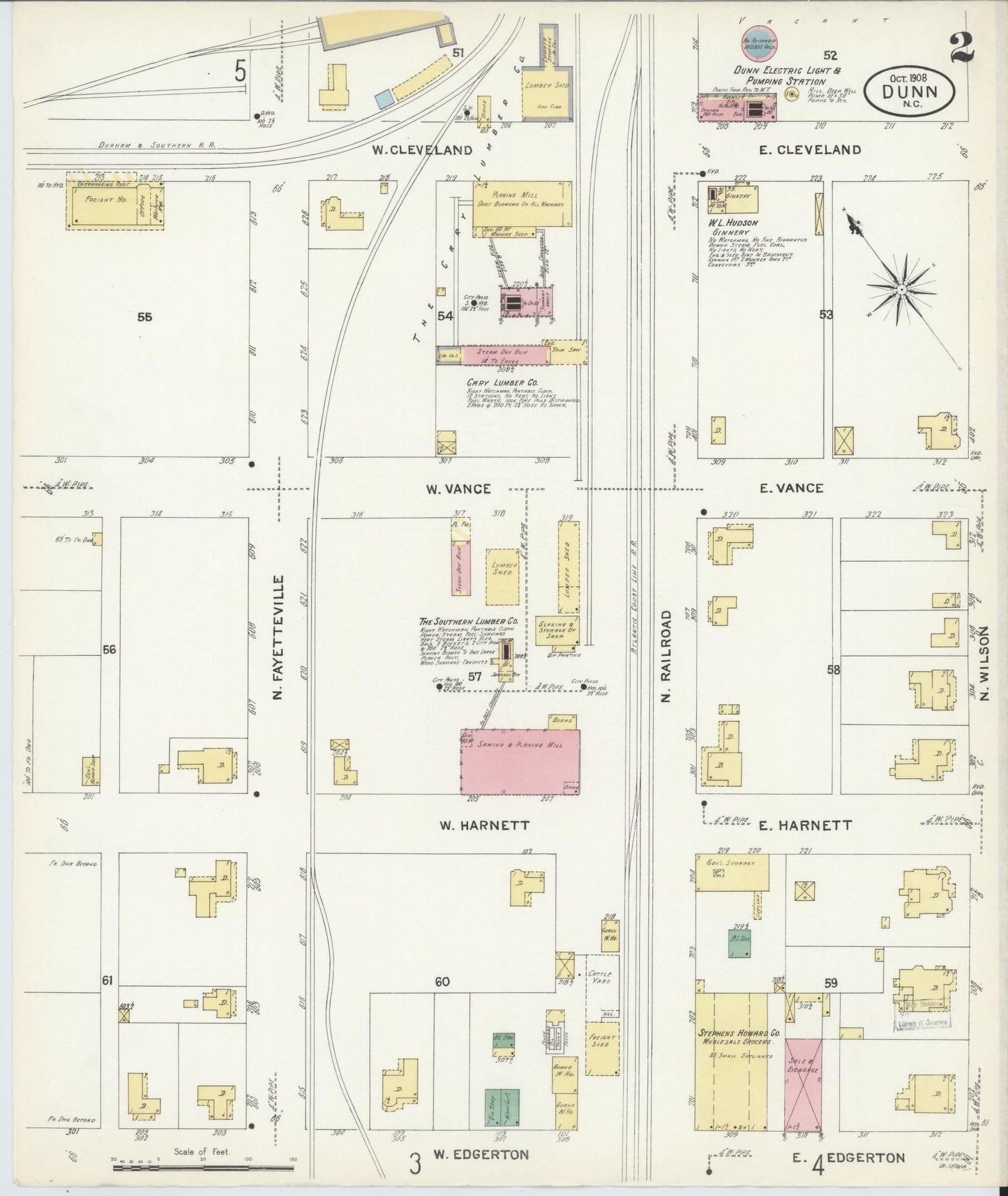 Sanborn Fire Insurance Map from Dunn, Harnett County, North Carolina (1908), Sheet #0002 - Complete Map Set gallery image, historic Sanborn map, vintage wall art, North Carolina North Carolina