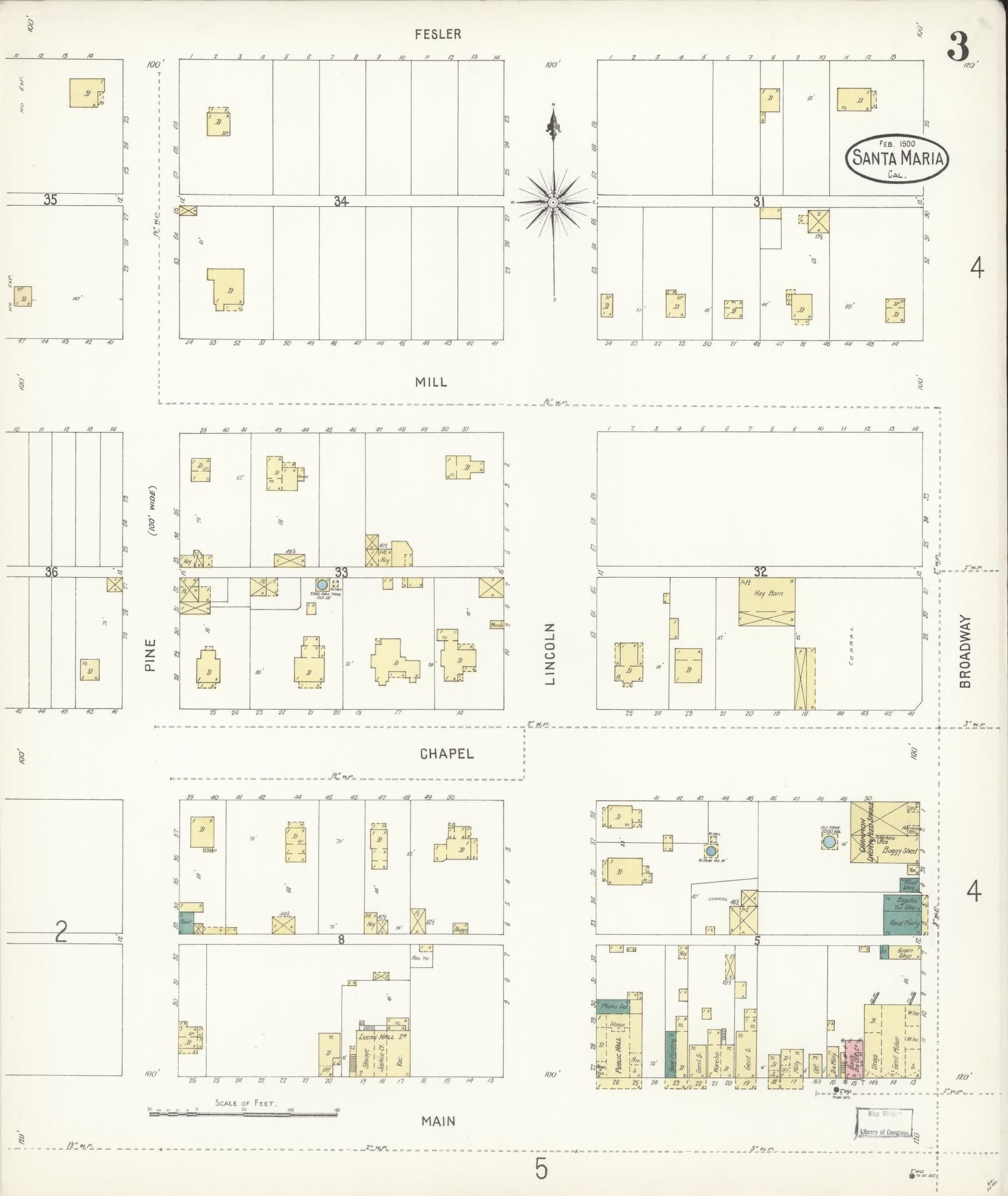 Sanborn Fire Insurance Map from Santa Maria, Santa Barbara County, California (1900), Sheet #0003 - Complete Map Set gallery image, historic Sanborn map, vintage wall art, California California