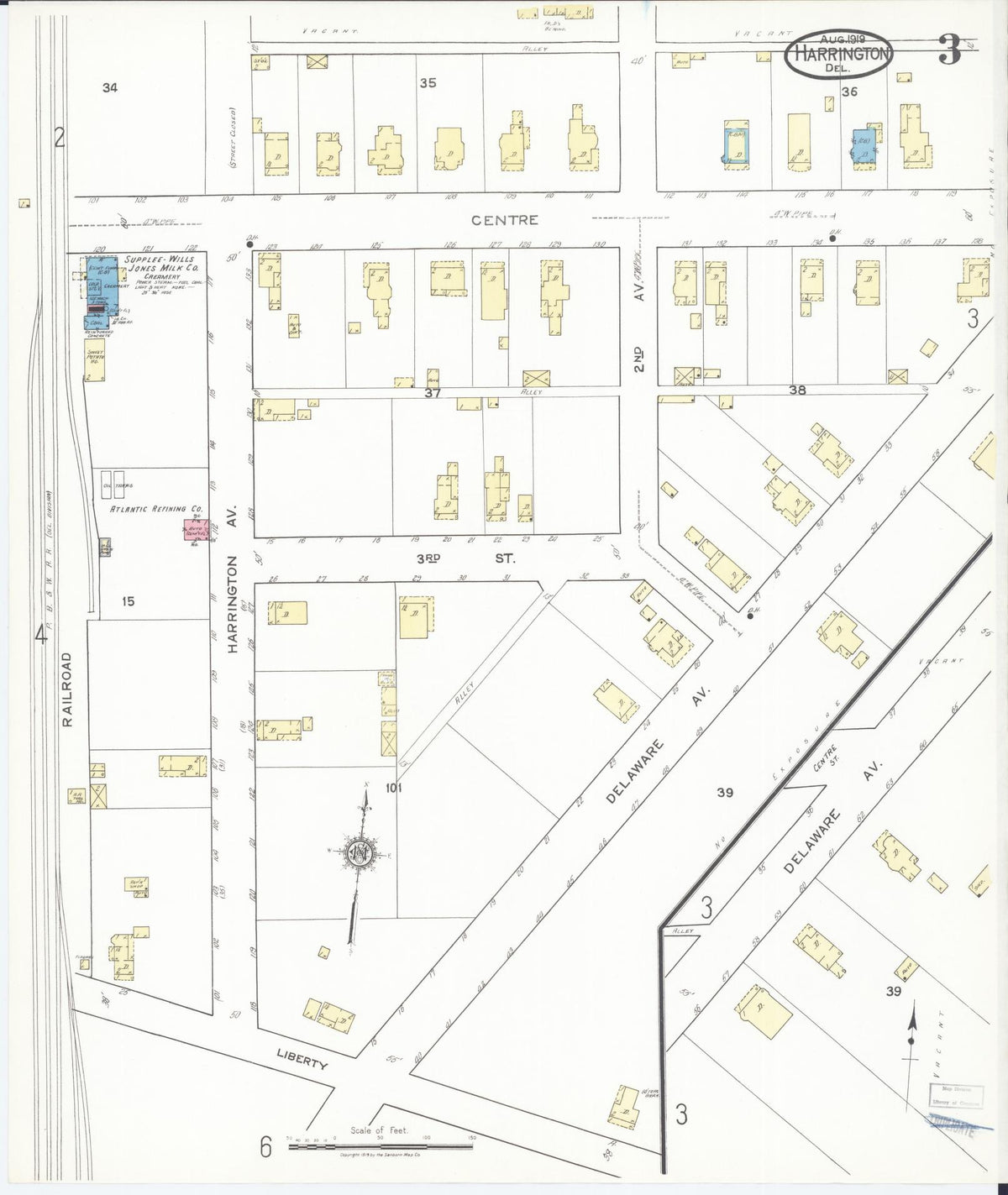 Sanborn Fire Insurance Map from Harrington, Kent County, Delaware (1919), Sheet #0003 - Historic Sanborn Fire Insurance Map Print, vintage old map wall art, antique decor, genealogy gift, Delaware Delaware map