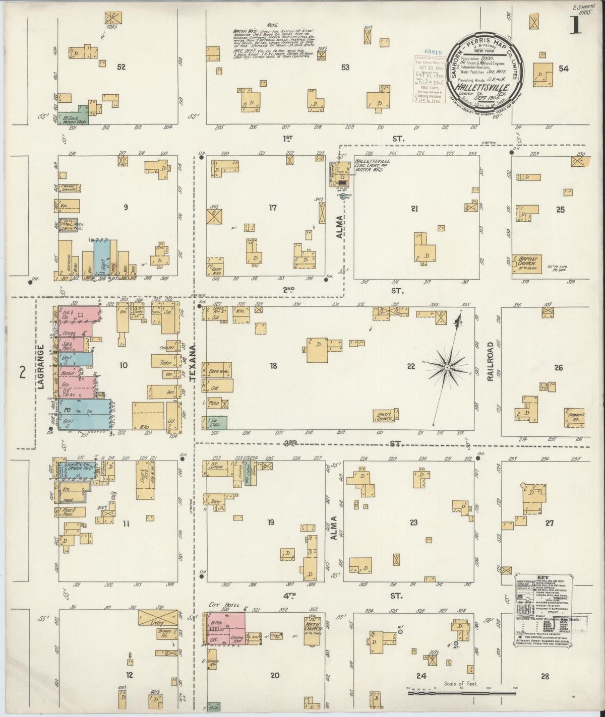 Sanborn Fire Insurance Map from Hallettsville, Lavaca County, Texas (1900), Sheet #0001 - Complete Map Set gallery image, historic Sanborn map, vintage wall art, Texas Texas