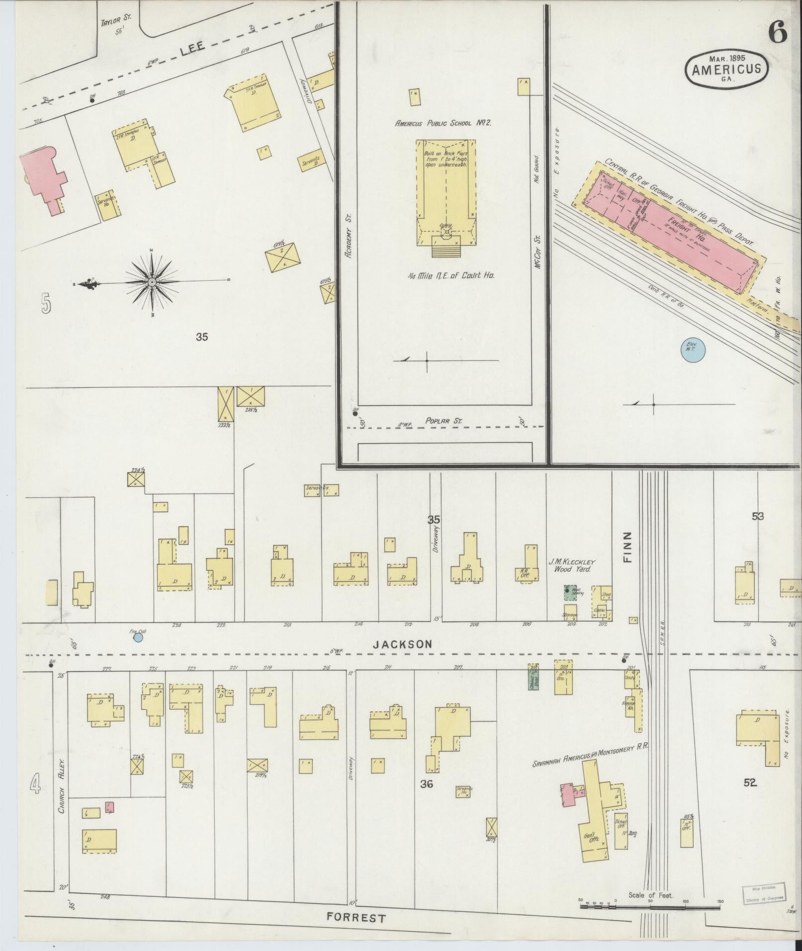Sanborn Fire Insurance Map from Americus, Sumter County, Georgia (1895), Sheet #0006 - Historic Sanborn Fire Insurance Map Print, vintage old map wall art, antique decor, genealogy gift, Georgia Georgia map