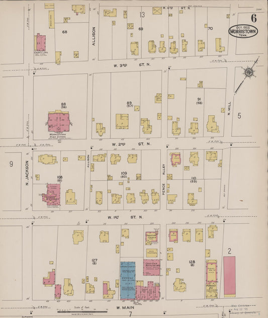 Sanborn Fire Insurance Map from Morristown, Hamblen County, Tennessee (1922), Sheet #0006 - Historic Sanborn Fire Insurance Map Print, vintage old map wall art, antique decor, genealogy gift, Tennessee Tennessee map