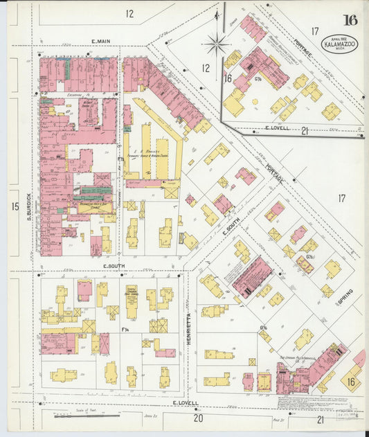 Sanborn Fire Insurance Map from Kalamazoo, Kalamazoo County, Michigan (1902), Sheet #0016 - Historic Sanborn Fire Insurance Map Print, vintage old map wall art, antique decor, genealogy gift, Michigan Michigan map