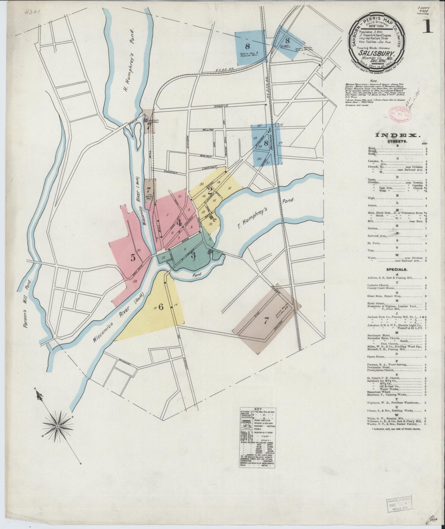 Sanborn Fire Insurance Map from Salisbury, Wicomico County, Maryland (1894), Sheet #0001 - Historic Sanborn Fire Insurance Map Print, vintage old map wall art, antique decor, genealogy gift, Maryland Maryland map