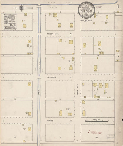Sanborn Fire Insurance Map from Dos Palos, Merced County, California (1910), Sheet #0001 - Historic Sanborn Fire Insurance Map Print, vintage old map wall art, antique decor, genealogy gift, California California map