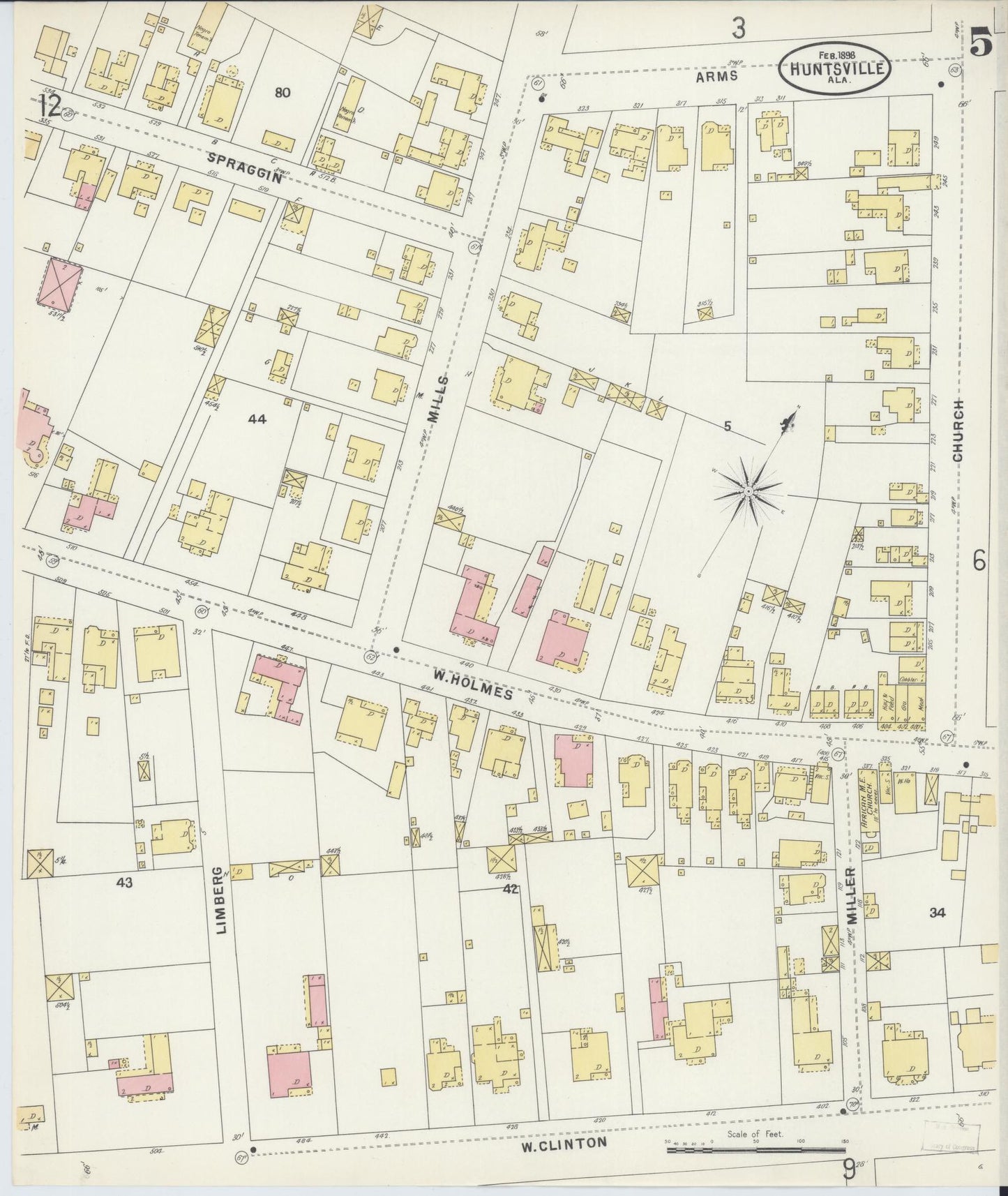 Sanborn Fire Insurance Map from Huntsville, Madison County, Alabama (1898), Sheet #0005 - Complete Map Set gallery image, historic Sanborn map, vintage wall art, Alabama Alabama