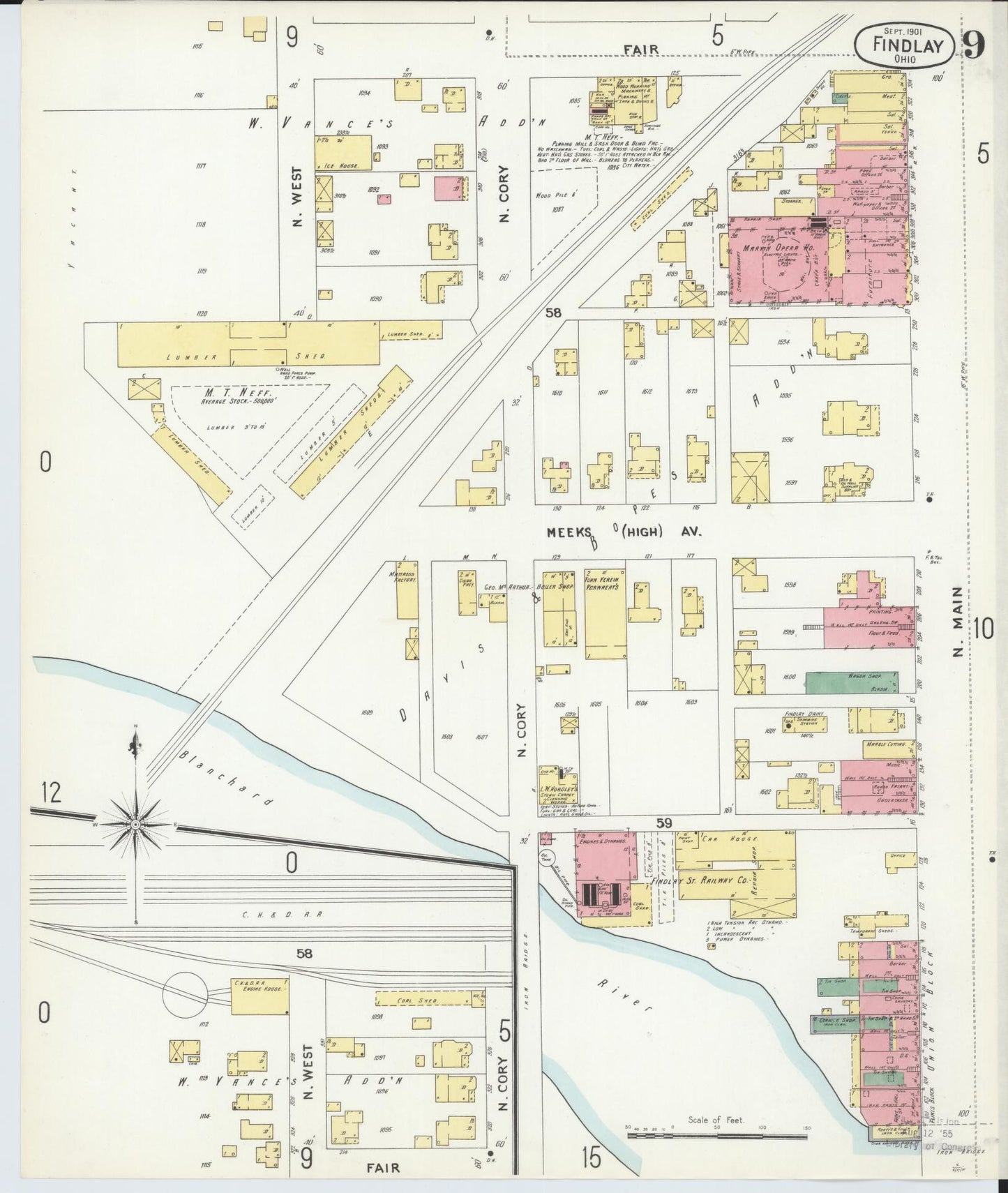 Sanborn Fire Insurance Map from Findlay, Hancock County, Ohio (1901), Sheet #0009 - Historic Sanborn Fire Insurance Map Print, vintage old map wall art, antique decor, genealogy gift, Ohio Ohio map