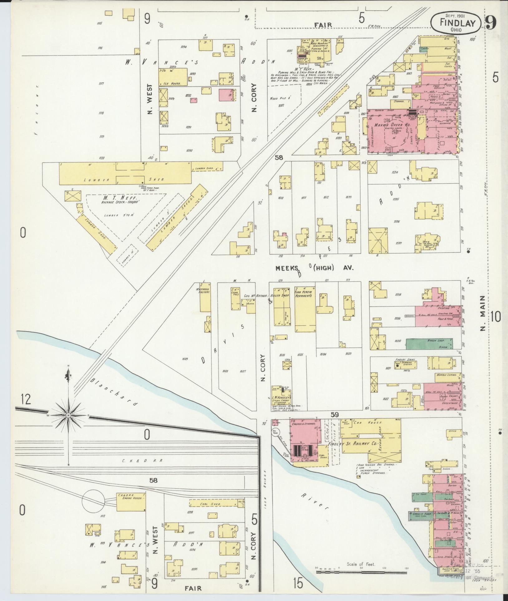 Sanborn Fire Insurance Map from Findlay, Hancock County, Ohio (1901), Sheet #0009 - Historic Sanborn Fire Insurance Map Print, vintage old map wall art, antique decor, genealogy gift, Ohio Ohio map