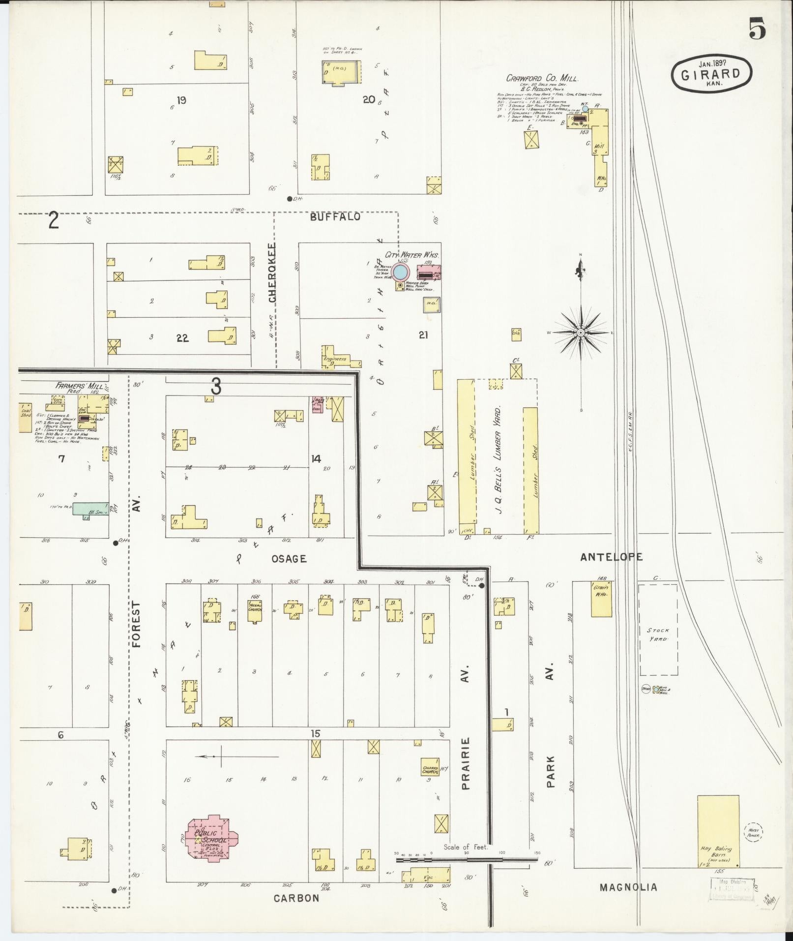 Sanborn Fire Insurance Map from Girard, Crawford County, Kansas (1897), Sheet #0005 - Historic Sanborn Fire Insurance Map Print, vintage old map wall art, antique decor, genealogy gift, Kansas Kansas map