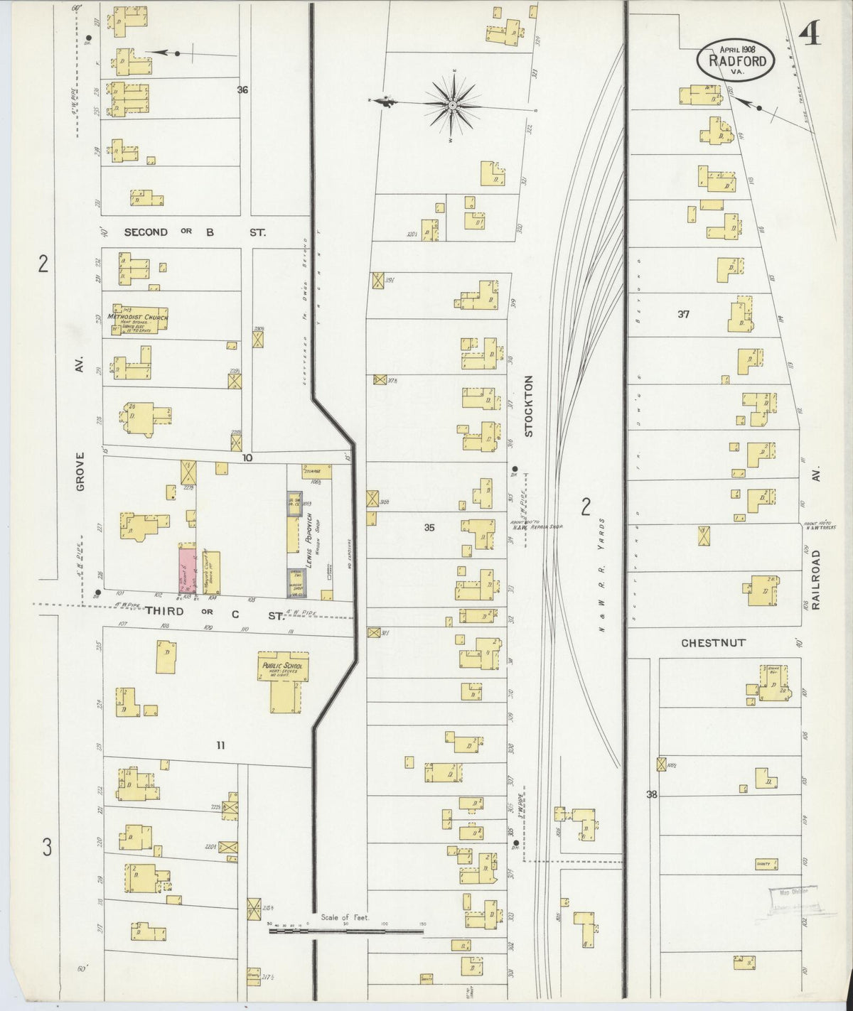 Sanborn Fire Insurance Map from Radford, Independent Cities, Virginia (1908), Sheet #0004 - Complete Map Set gallery image, historic Sanborn map, vintage wall art, Virginia Virginia