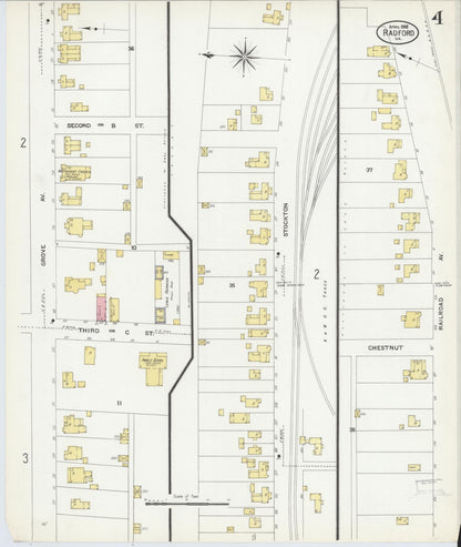 Sanborn Fire Insurance Map from Radford, Independent Cities, Virginia (1908), Sheet #0004 - Complete Map Set gallery image, historic Sanborn map, vintage wall art, Virginia Virginia