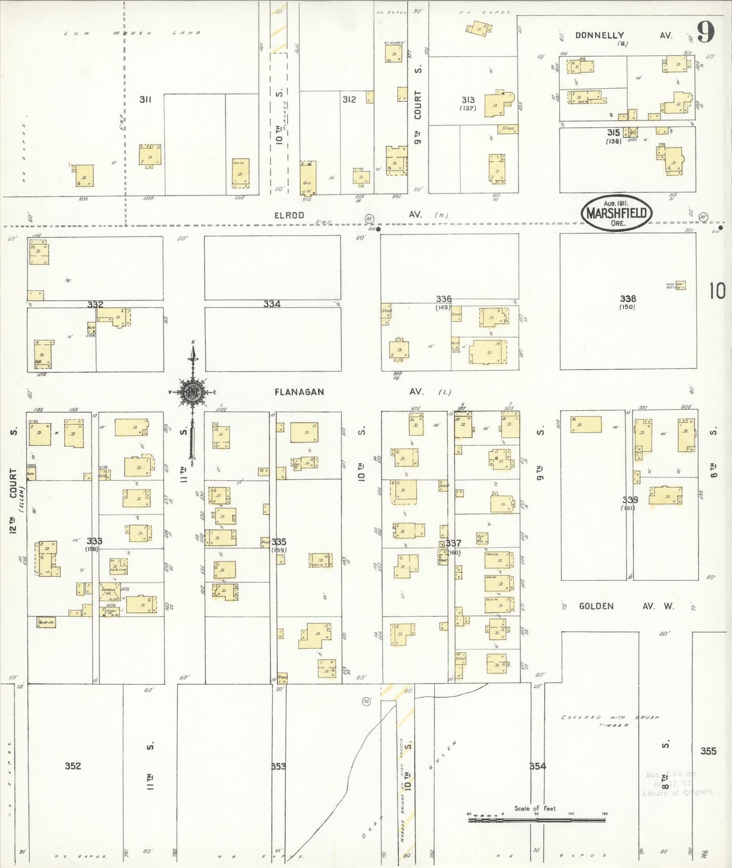 Sanborn Fire Insurance Map from Marshfield, Coos County, Oregon (1911), Sheet #0009 - Historic Sanborn Fire Insurance Map Print, vintage old map wall art, antique decor, genealogy gift, Oregon Oregon map