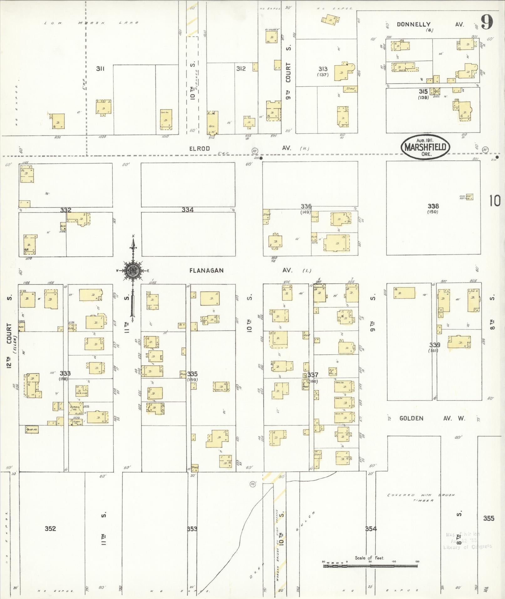 Sanborn Fire Insurance Map from Marshfield, Coos County, Oregon (1911), Sheet #0009 - Historic Sanborn Fire Insurance Map Print, vintage old map wall art, antique decor, genealogy gift, Oregon Oregon map