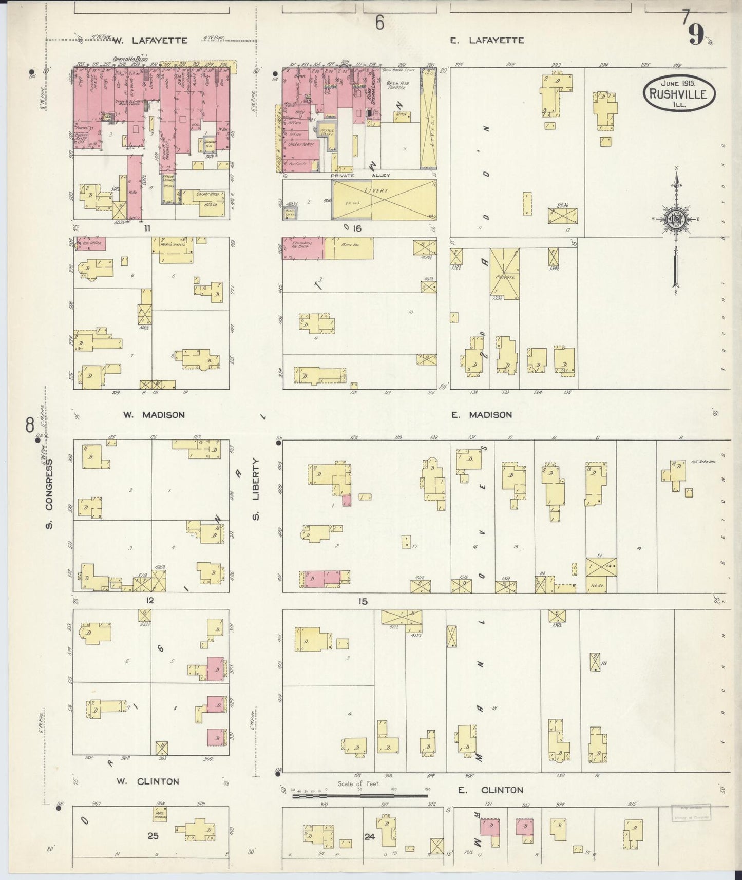 Sanborn Fire Insurance Map from Rushville, Schuyler County, Illinois (1913), Sheet #0009 - Complete Map Set gallery image, historic Sanborn map, vintage wall art, Illinois Illinois