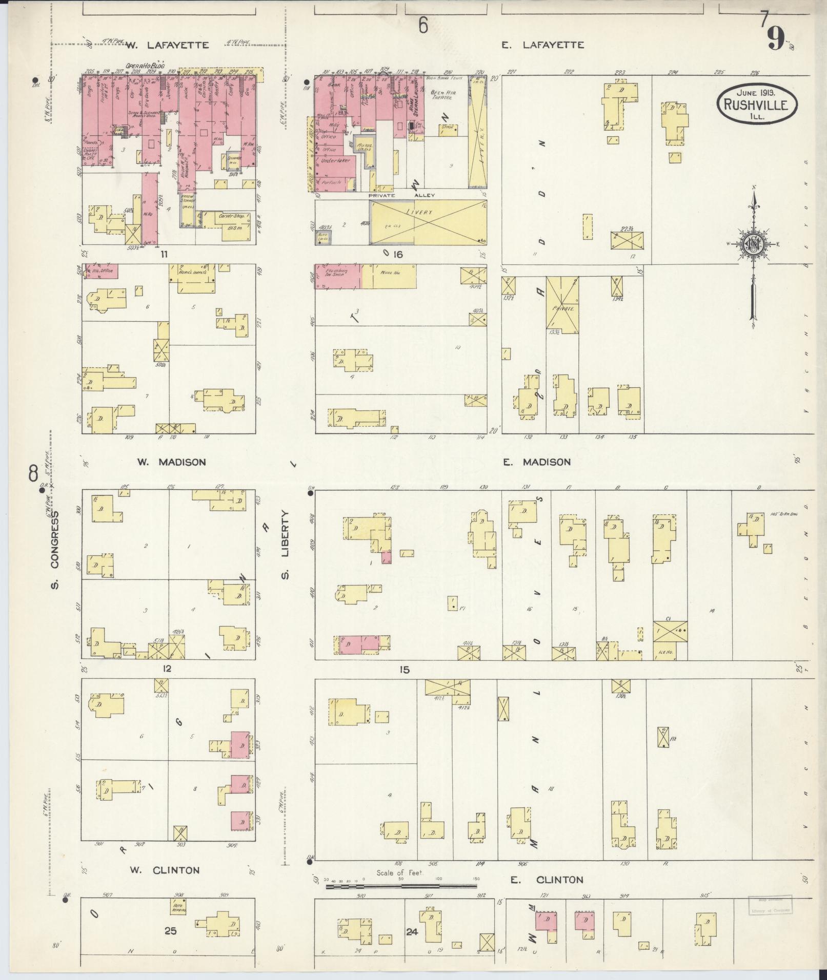 Sanborn Fire Insurance Map from Rushville, Schuyler County, Illinois (1913), Sheet #0009 - Complete Map Set gallery image, historic Sanborn map, vintage wall art, Illinois Illinois