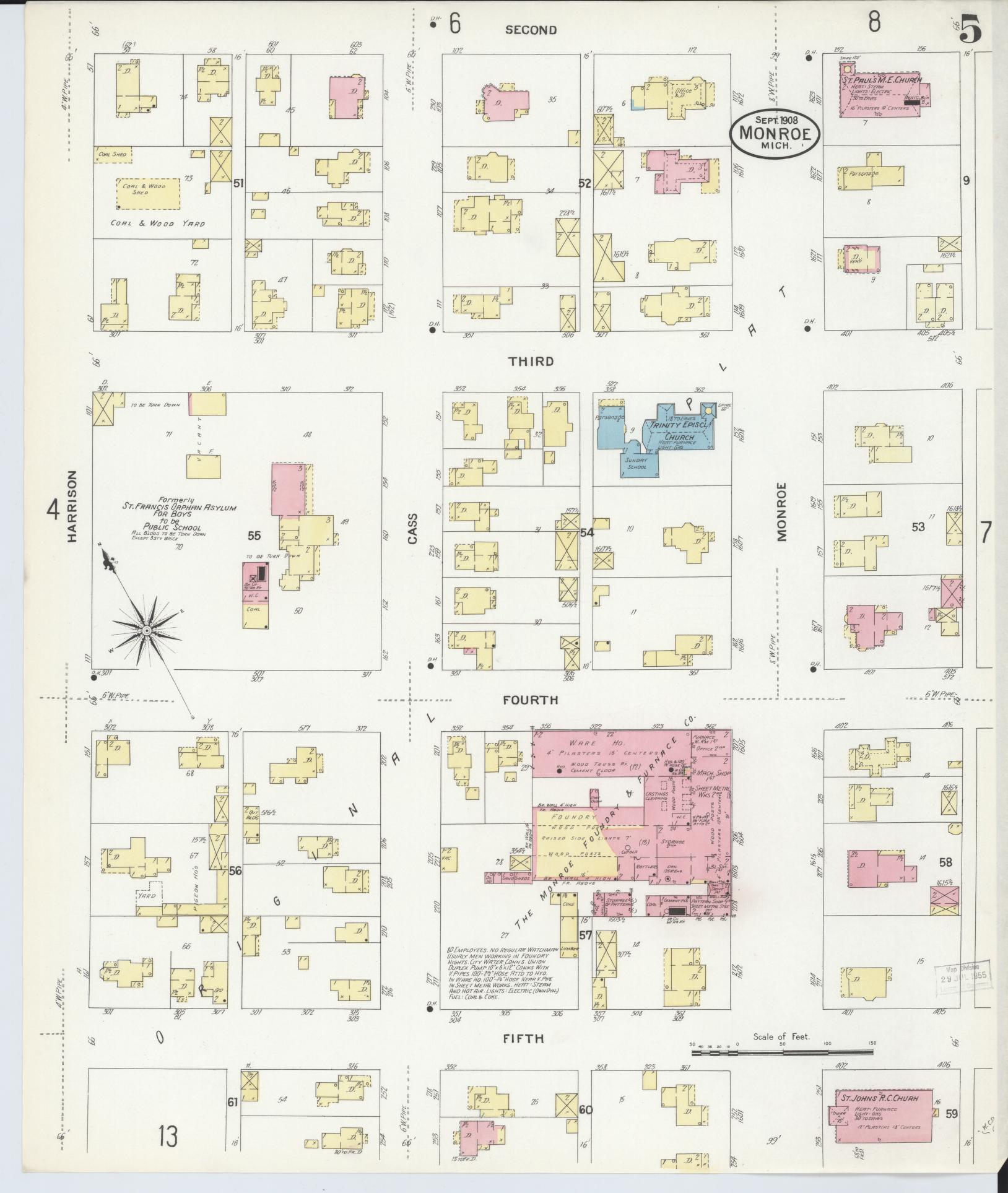Sanborn Fire Insurance Map from Monroe, Monroe County, Michigan (1908), Sheet #0005 - Complete Map Set gallery image, historic Sanborn map, vintage wall art, Michigan Michigan