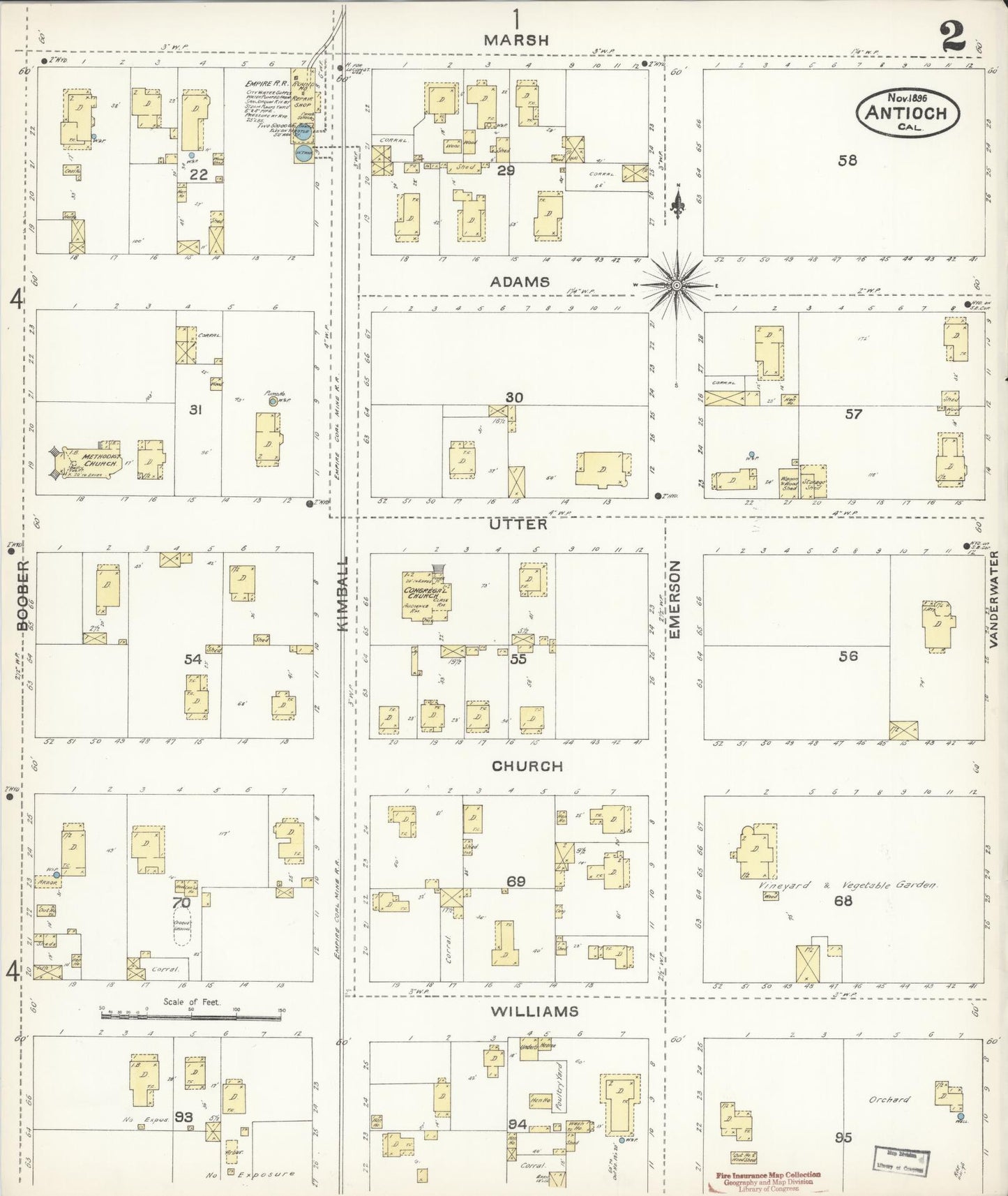 Sanborn Fire Insurance Map from Antioch, Contra Costa County, California (1896), Sheet #0002 - Historic Sanborn Fire Insurance Map Print, vintage old map wall art, antique decor, genealogy gift, California California map
