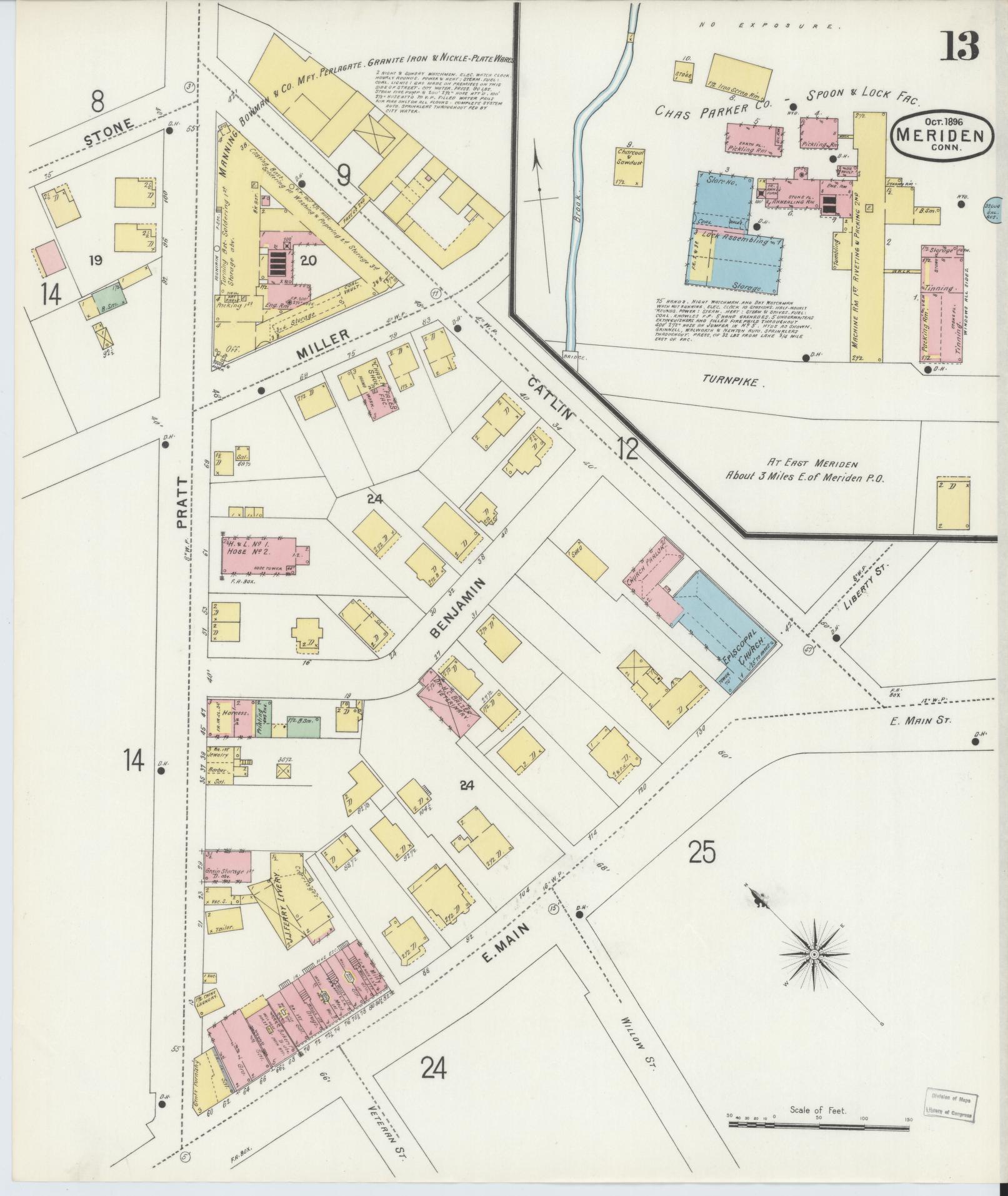 Sanborn Fire Insurance Map from Meriden, New Haven County, Connecticut (1896), Sheet #0013 - Complete Map Set gallery image, historic Sanborn map, vintage wall art, Connecticut Connecticut