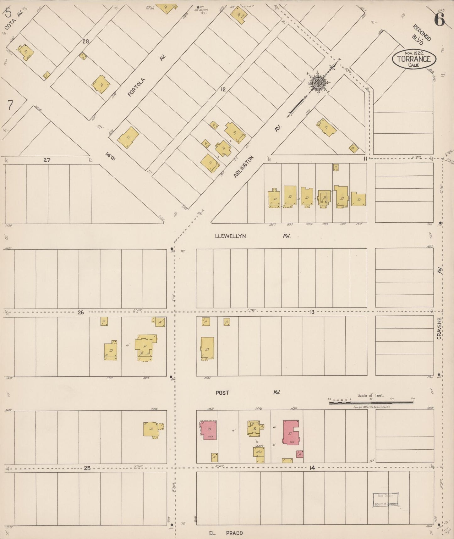Sanborn Fire Insurance Map from Torrance, Los Angeles County, California (1922), Sheet #0006 - Complete Map Set gallery image, historic Sanborn map, vintage wall art, California California