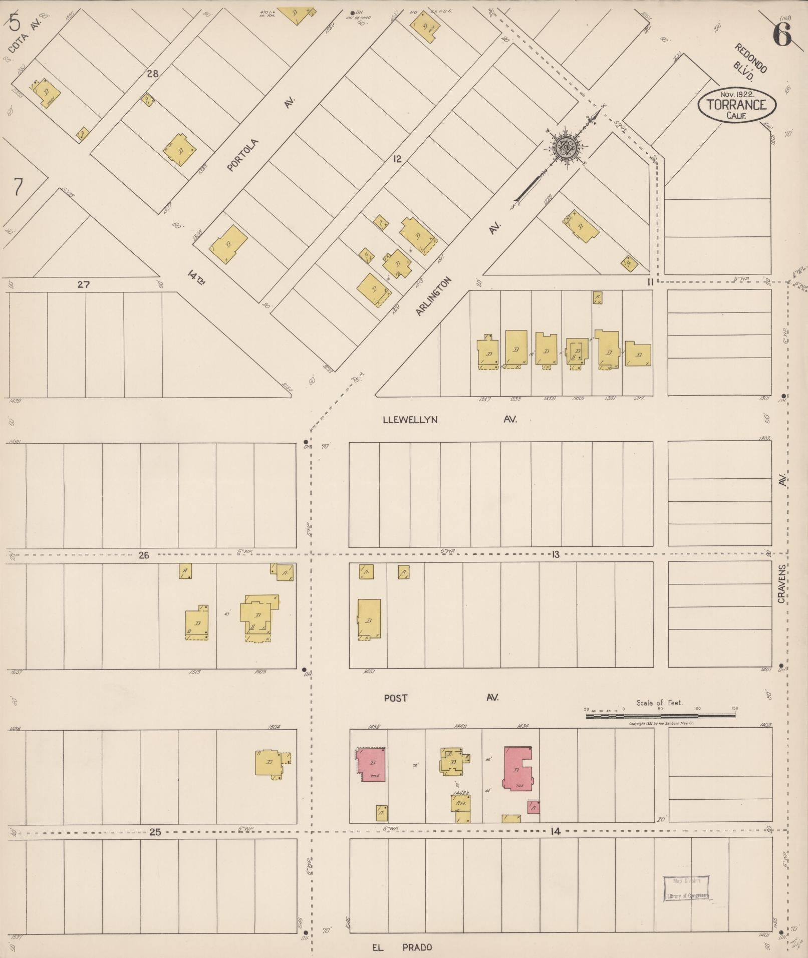 Sanborn Fire Insurance Map from Torrance, Los Angeles County, California (1922), Sheet #0006 - Complete Map Set gallery image, historic Sanborn map, vintage wall art, California California