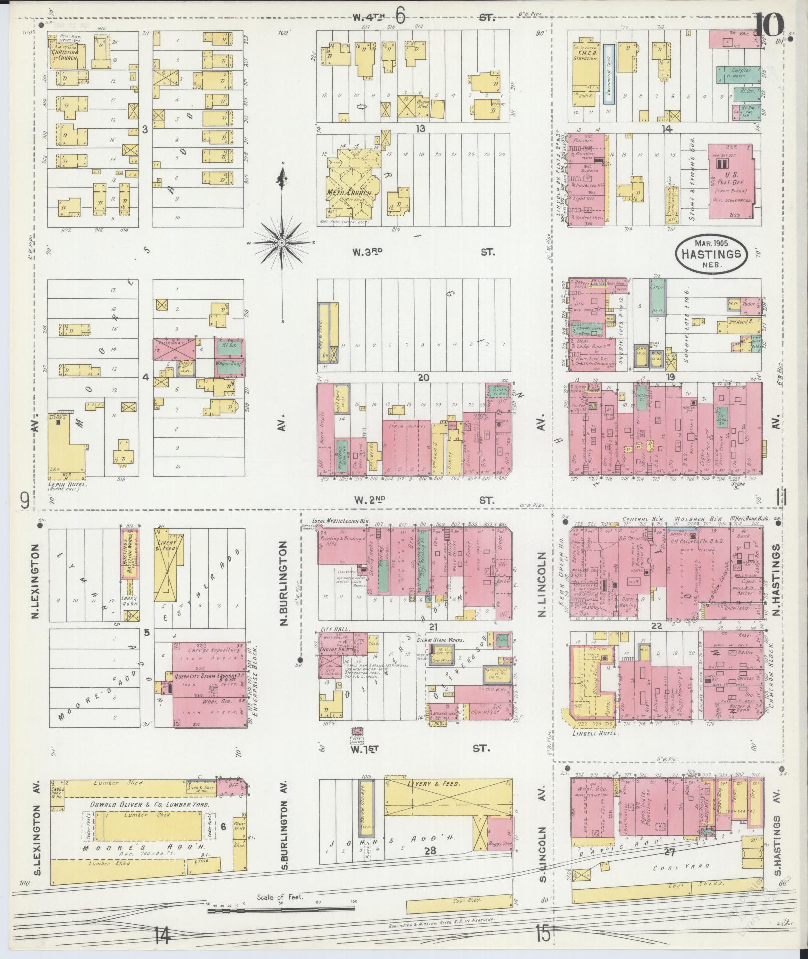 Sanborn Fire Insurance Map from Hastings, Adams County, Nebraska (1905), Sheet #0010 - Historic Sanborn Fire Insurance Map Print, vintage old map wall art, antique decor, genealogy gift, Nebraska Nebraska map