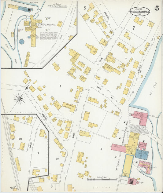 Sanborn Fire Insurance Map from Pascoag, Providence County, Rhode Island (1903), Sheet #0005 - Historic Sanborn Fire Insurance Map Print, vintage old map wall art, antique decor, genealogy gift, Rhode Island Rhode Island map