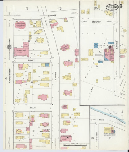 Sanborn Fire Insurance Map from Ypsilanti, Washtenaw County, Michigan (1916), Sheet #0005 - Historic Sanborn Fire Insurance Map Print, vintage old map wall art, antique decor, genealogy gift, Michigan Michigan map