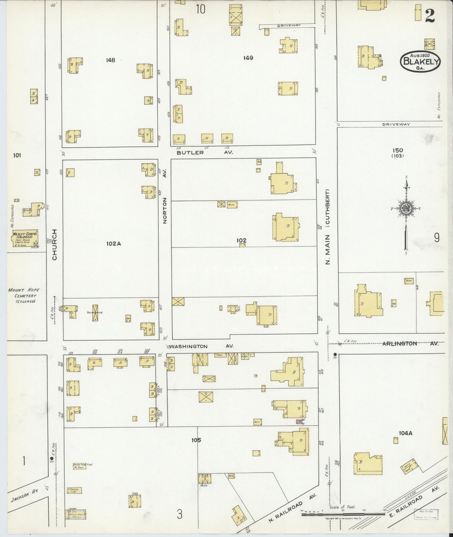 Sanborn Fire Insurance Map from Blakely, Early County, Georgia (1920), Sheet #0002 - Complete Map Set gallery image, historic Sanborn map, vintage wall art, Georgia Georgia