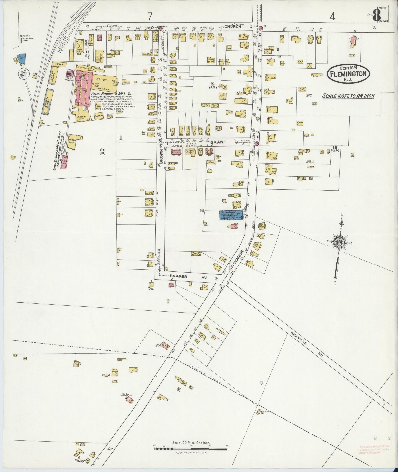 Sanborn Fire Insurance Map from Flemington, Hunterdon County, New Jersey (1921), Sheet #0008 - Historic Sanborn Fire Insurance Map Print, vintage old map wall art, antique decor, genealogy gift, New Jersey New Jersey map
