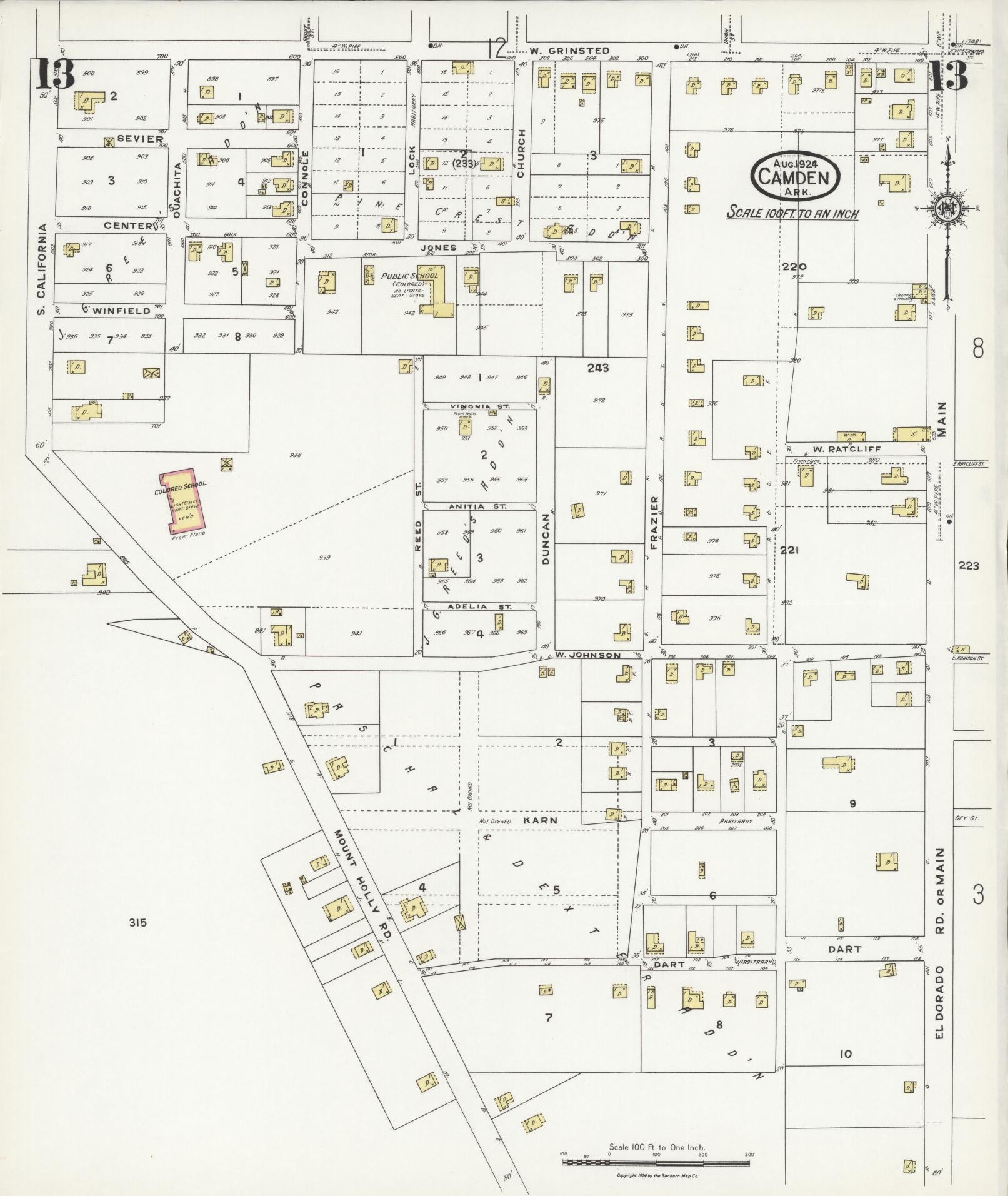Sanborn Fire Insurance Map from Camden, Ouachita County, Arkansas (1924), Sheet #0013 - Historic Sanborn Fire Insurance Map Print, vintage old map wall art, antique decor, genealogy gift, Arkansas Arkansas map