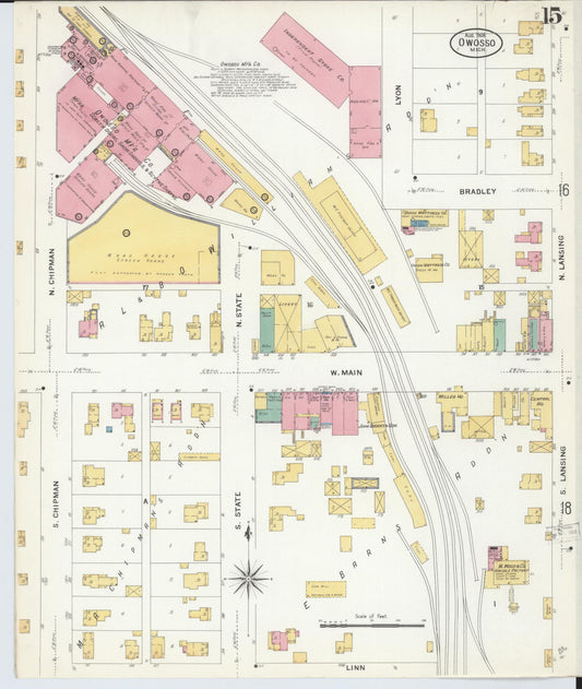 Sanborn Fire Insurance Map from Owosso, Shiawassee County, Michigan (1908), Sheet #0015 - Historic Sanborn Fire Insurance Map Print, vintage old map wall art, antique decor, genealogy gift, Michigan Michigan map
